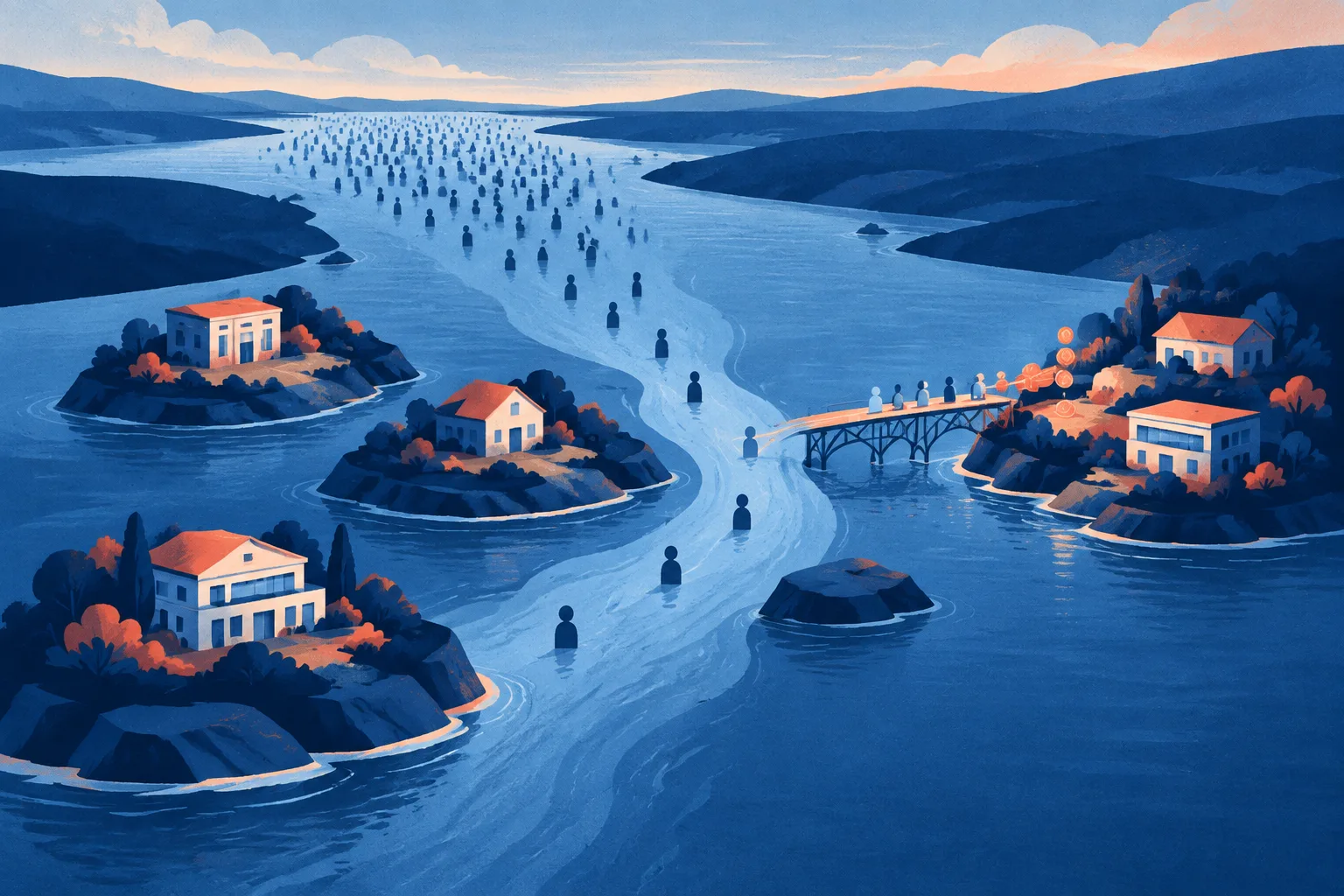 Declining visitor flow passes publisher islands beside a limited compensation bridge.
