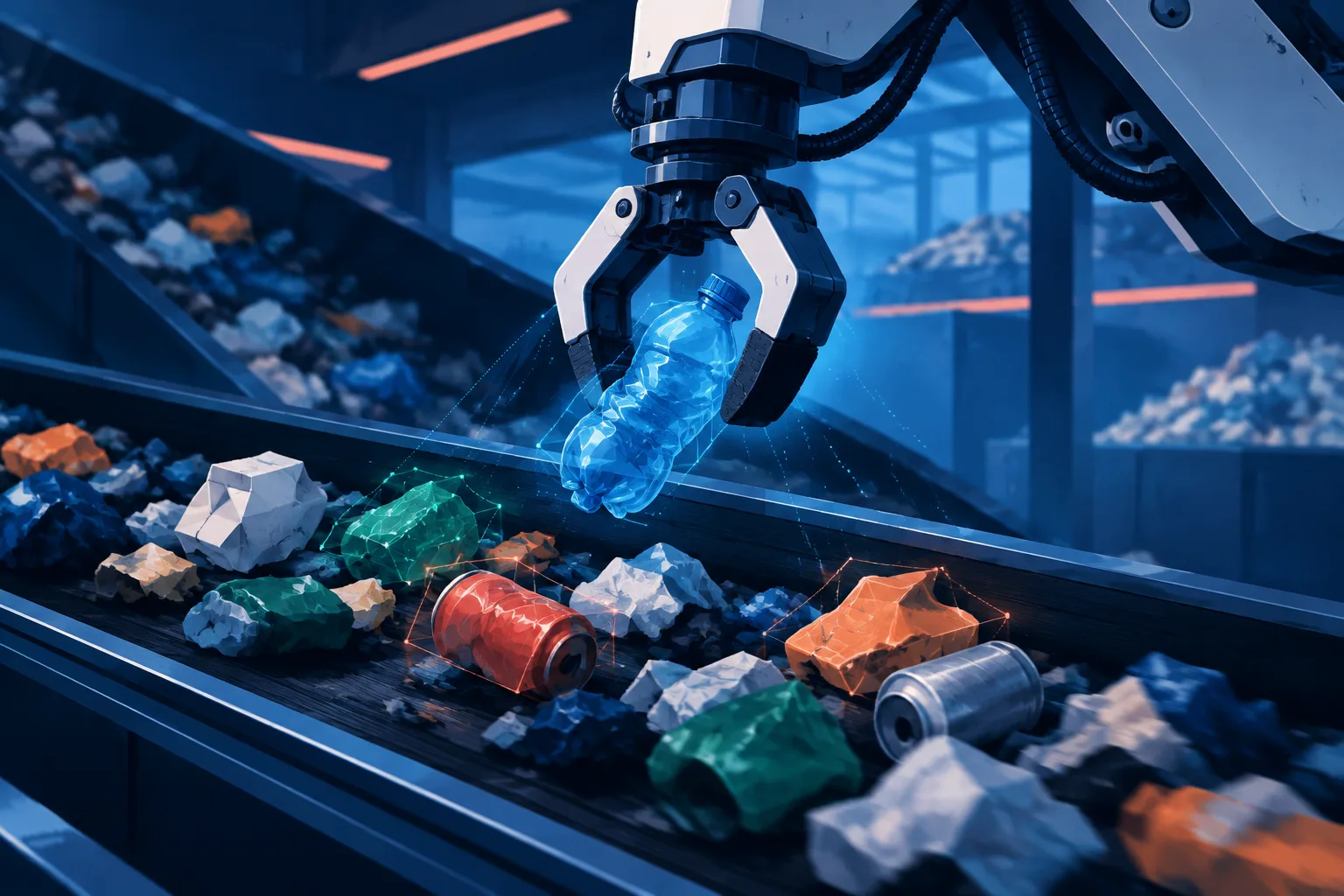 An AI-guided pincer robot sorts recyclable objects from a moving waste stream.