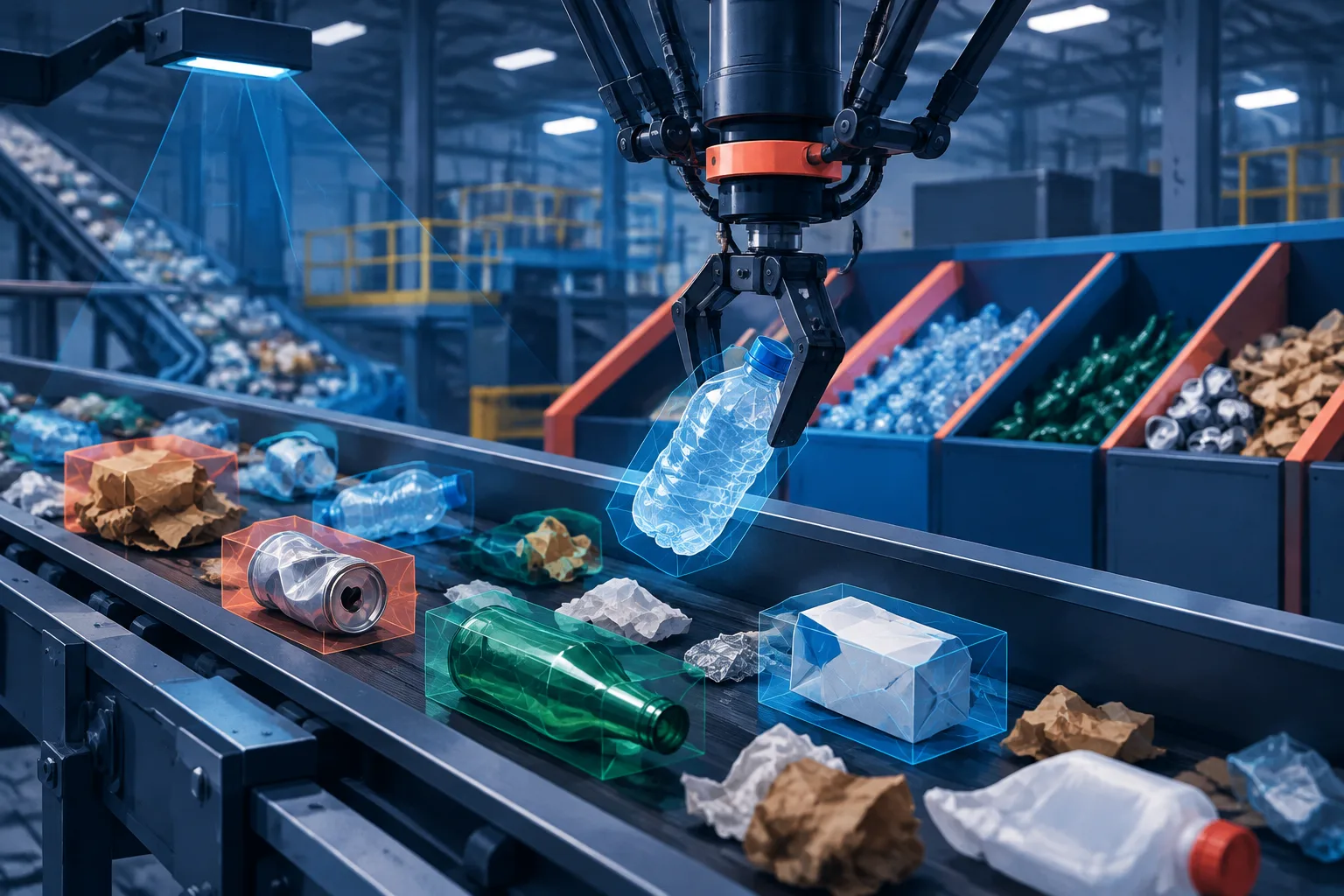 A pincer claw uses machine vision to select materials on a recycling line.