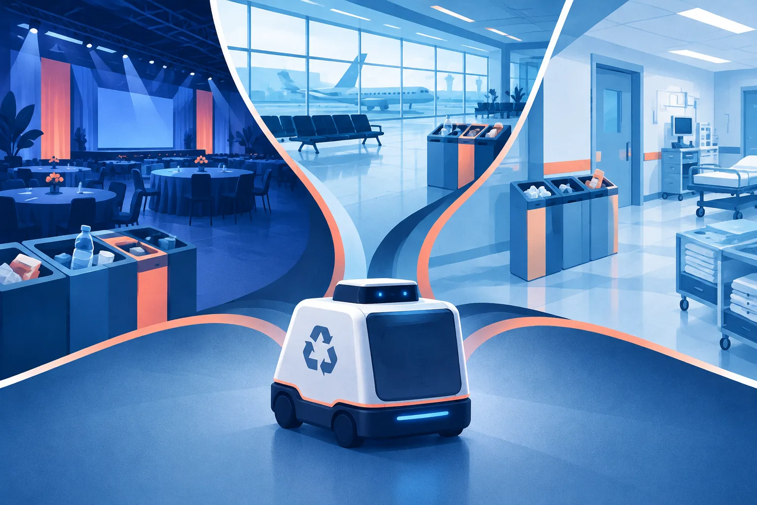 A compact recycling robot is shown operating across several public settings.