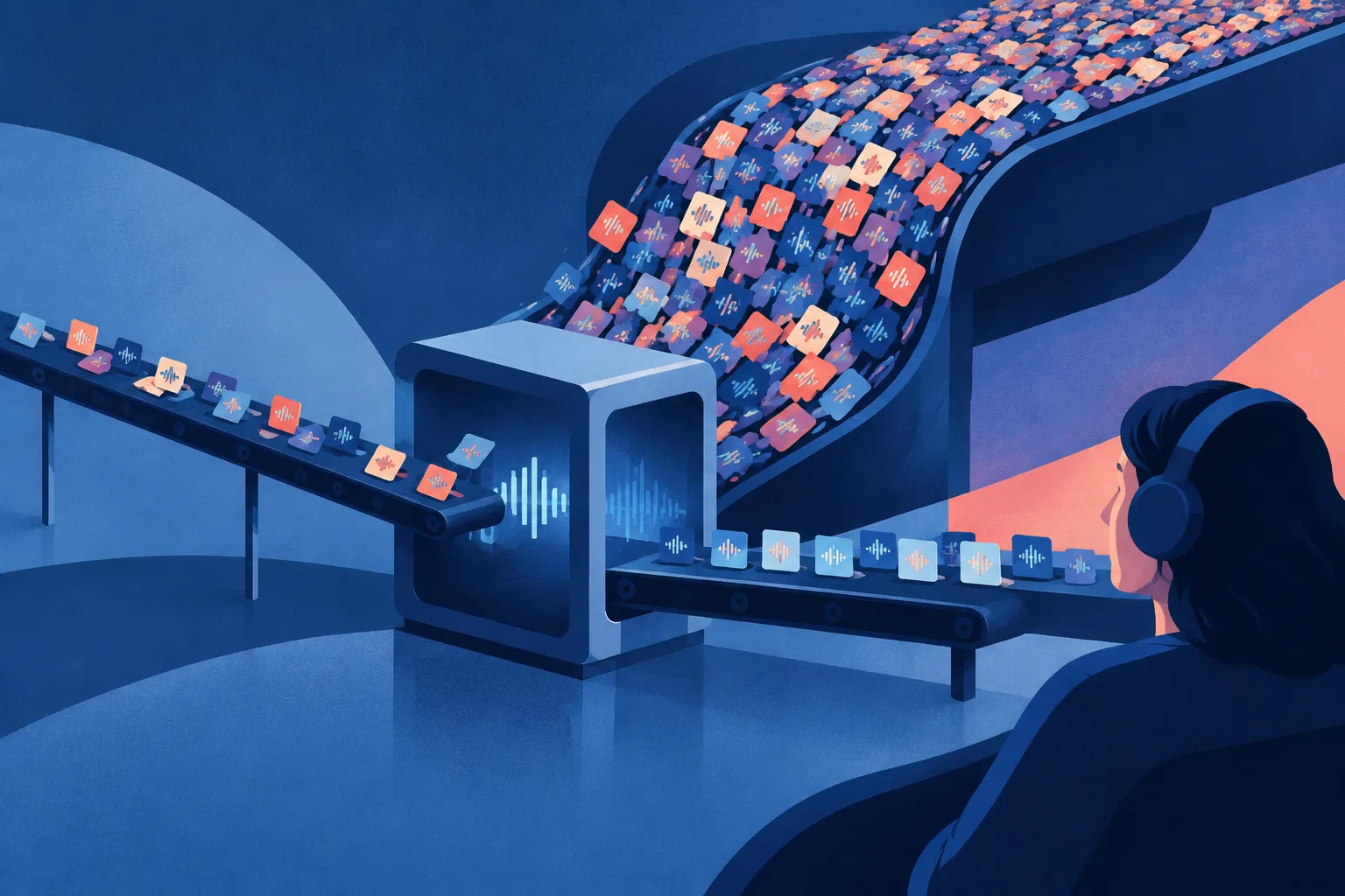 A growing torrent of abstract audio tiles moves through an AI-music detection chamber.