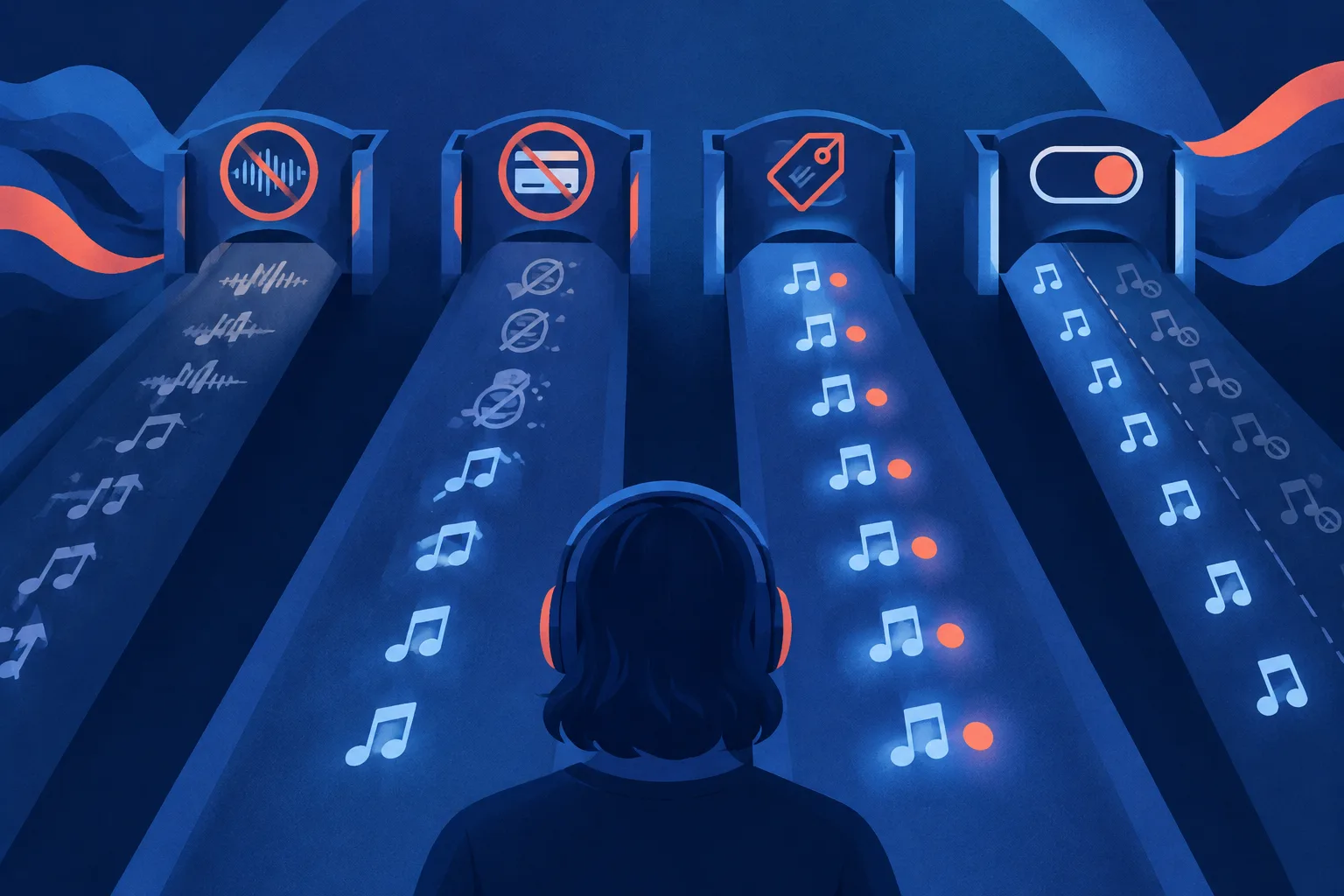 Four symbolic music pathways apply different controls to synthetic tracks.