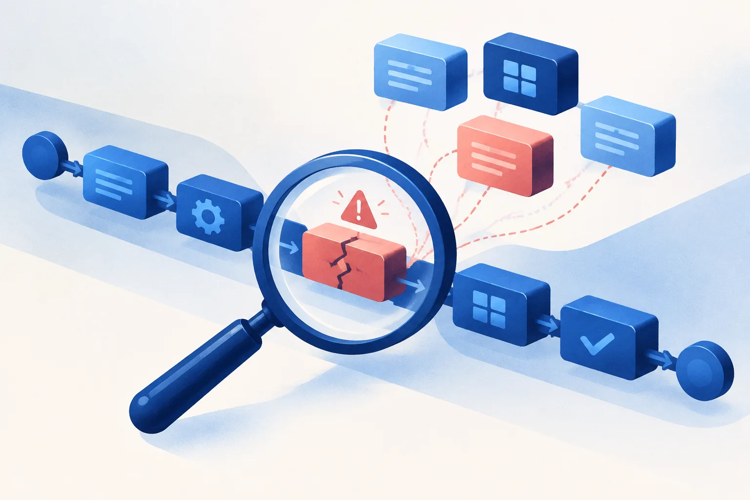 An AI agent examines a failed task pathway to locate the exact segment that needs repair.