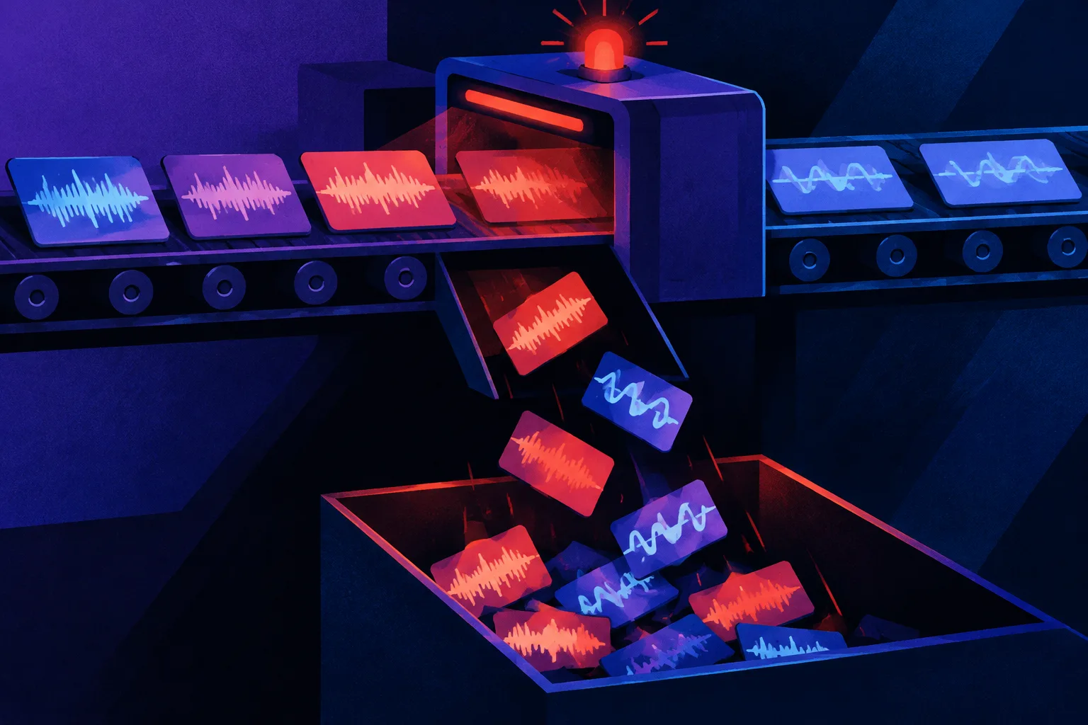 Music tracks pass through an automated scanner as legitimate work falls with flagged files.
