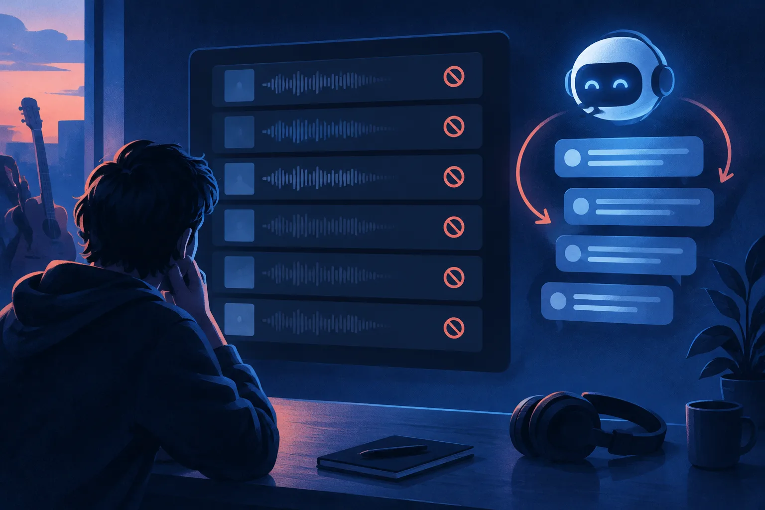 Six music tracks vanish beside an abstract automated support loop.
