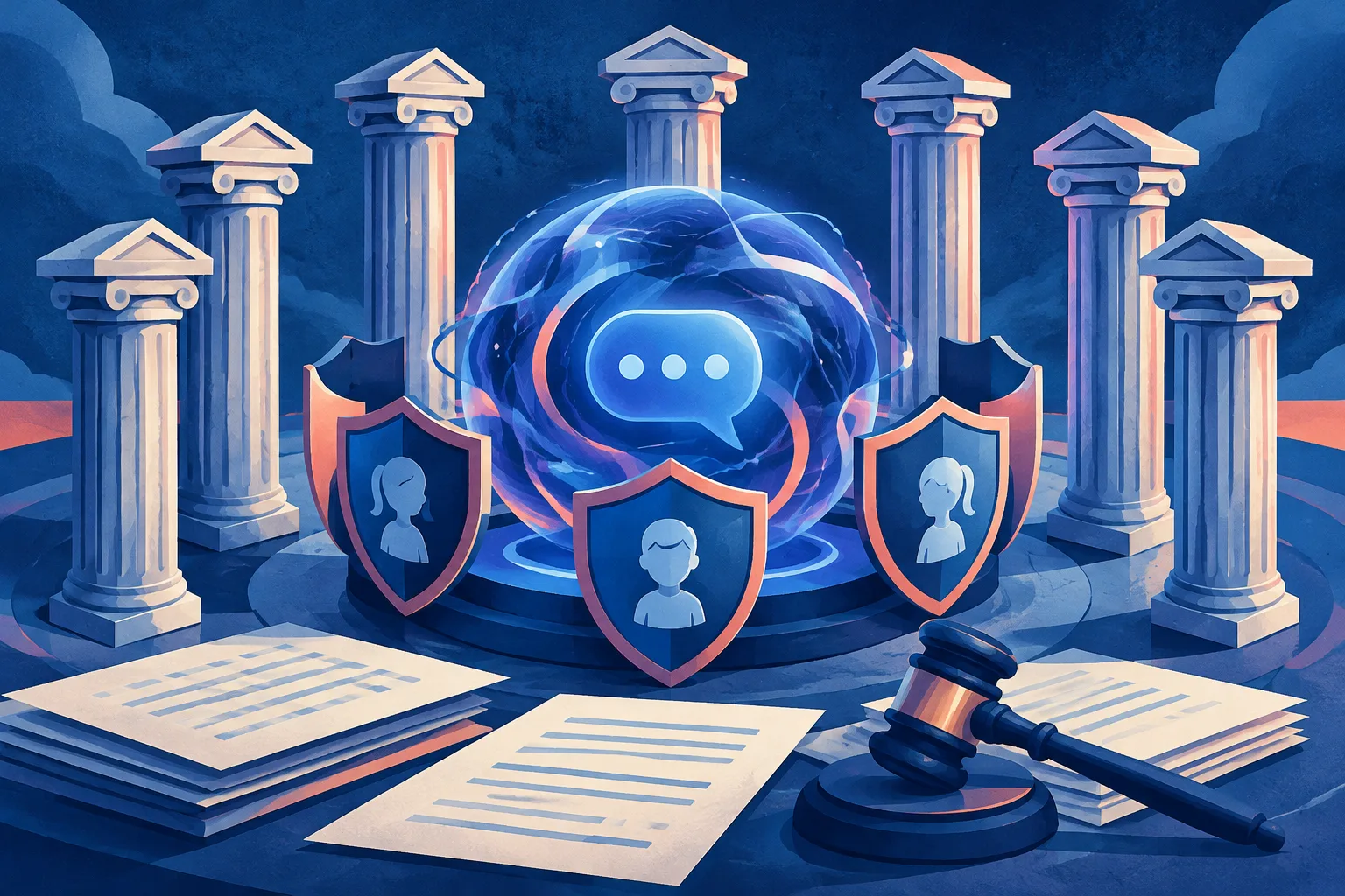Eight courthouse pillars surrounding an AI conversation core with child-safety shields.