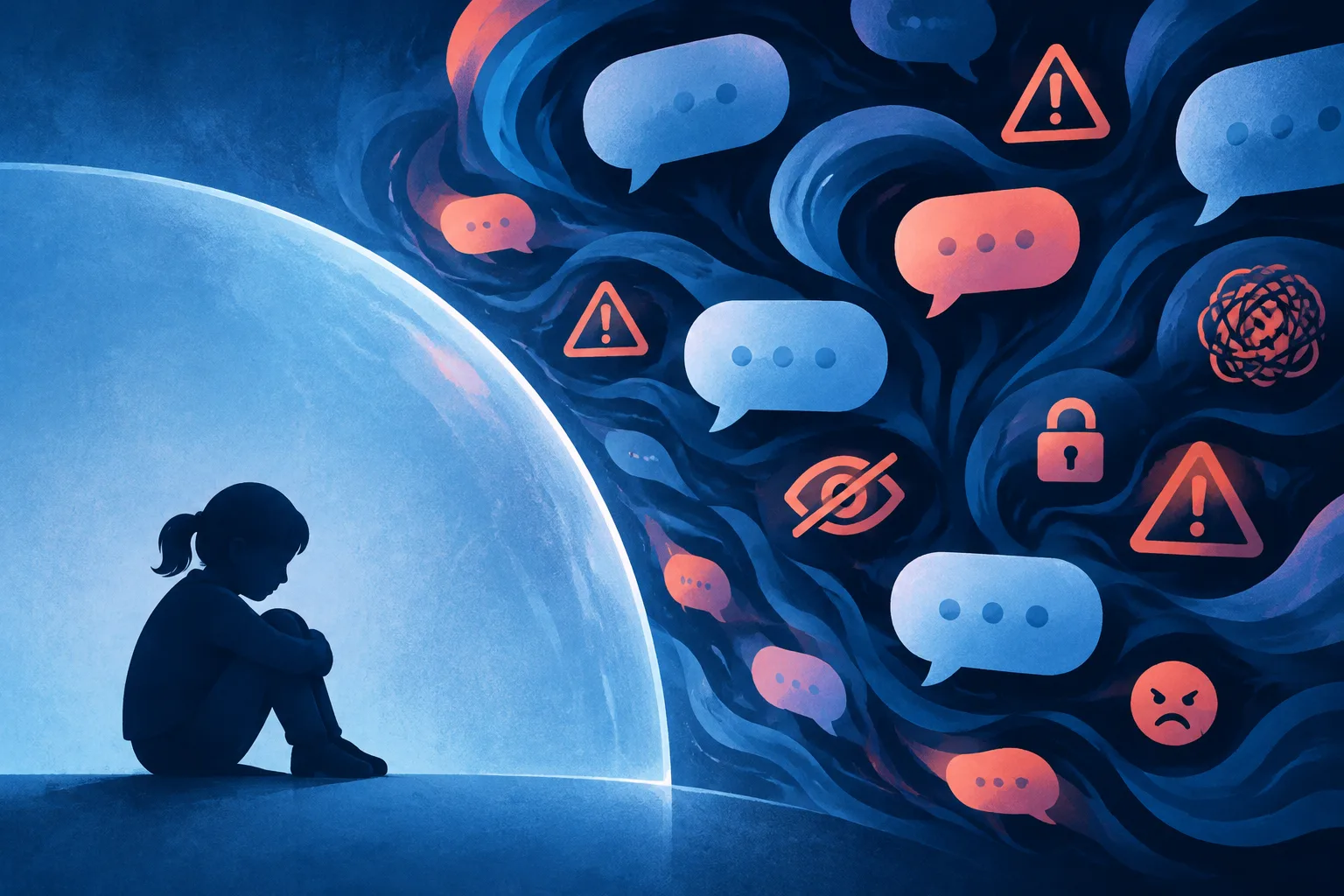 Young silhouette protected from swirling chatbot bubbles by a translucent safety barrier.