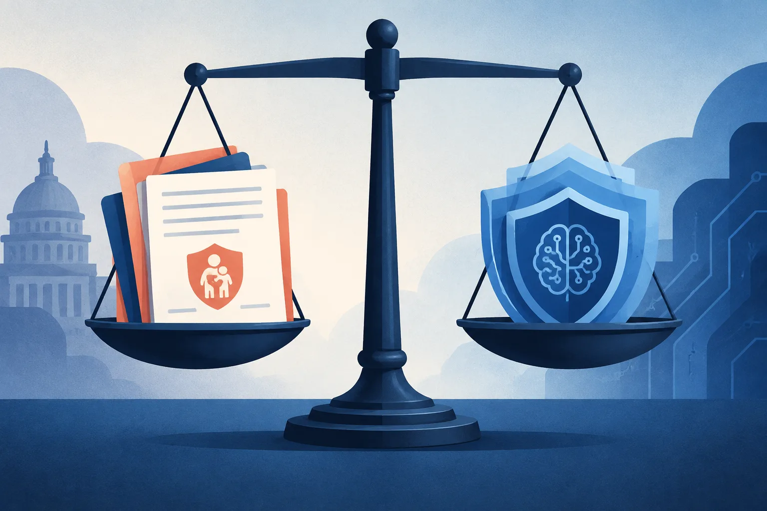 Legal scale balancing consumer-protection documents against layered AI safety shields.
