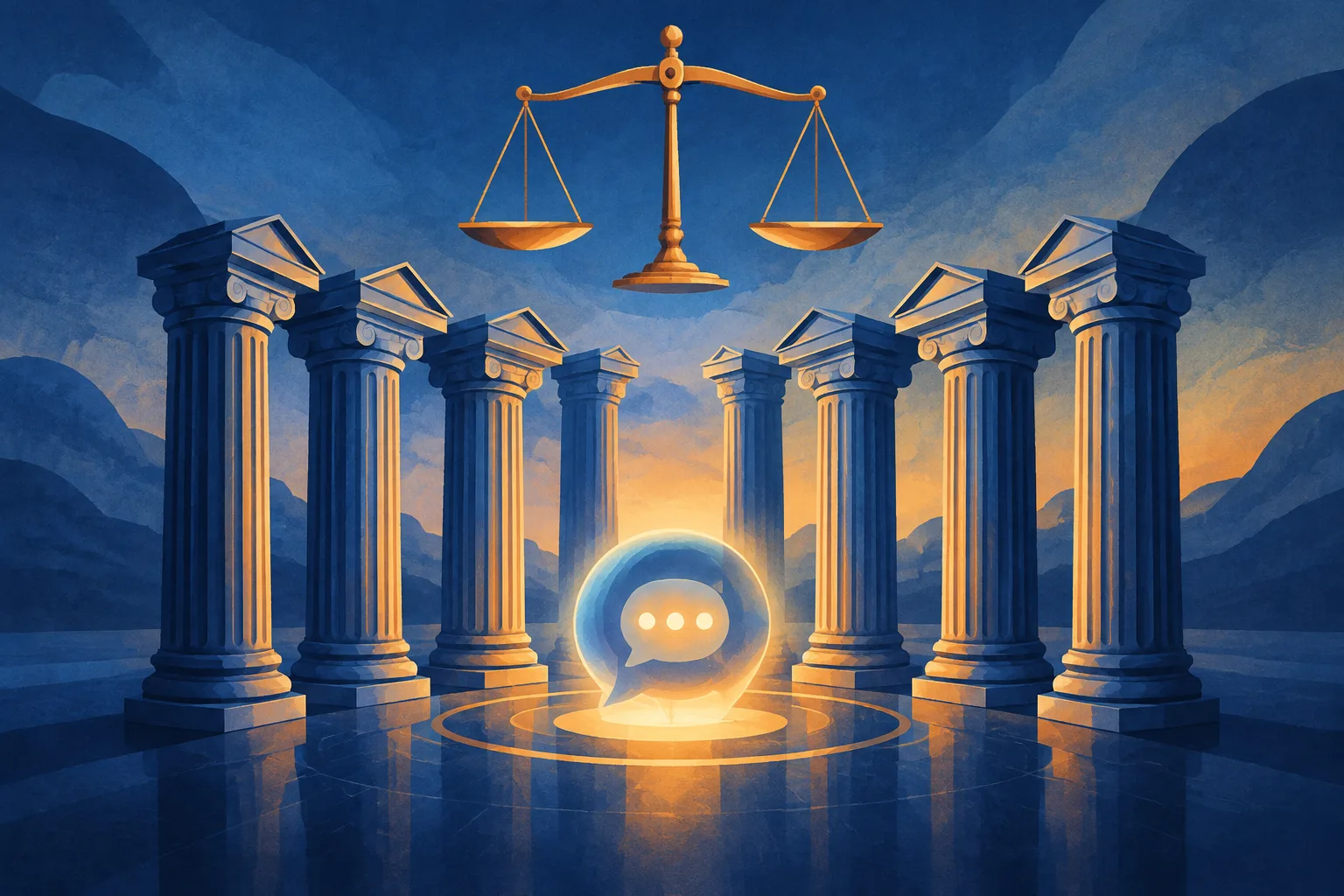 Eight courthouse columns surrounding an abstract chat light beneath balanced scales.