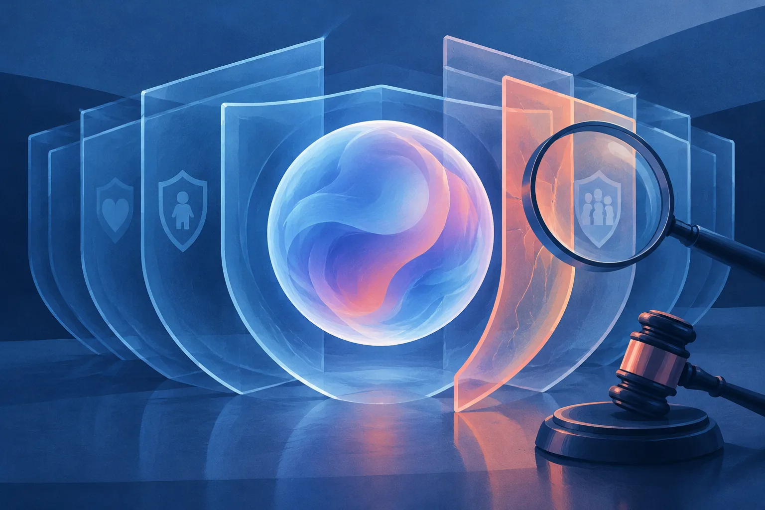 Abstract conversational AI orb enclosed by layered safety barriers under review.
