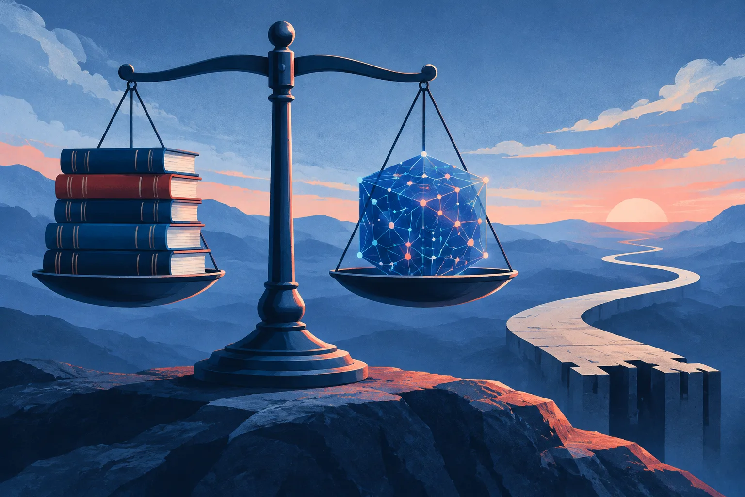 Legal scales balancing state law books against an abstract AI model.