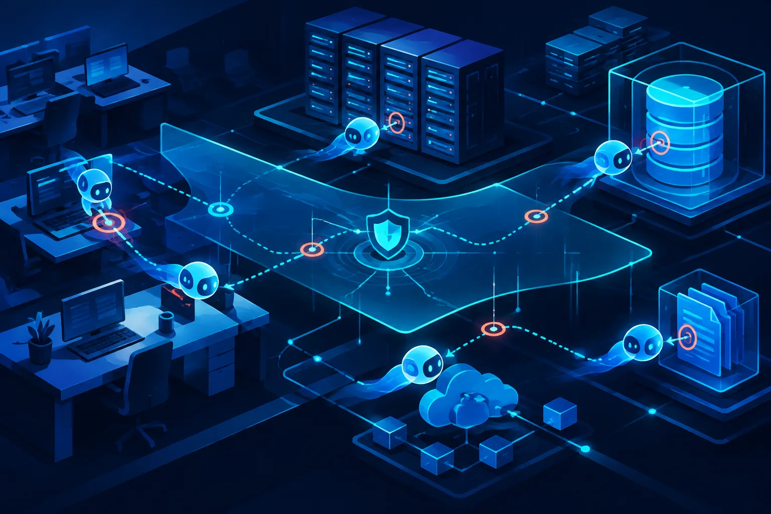 Abstract AI agents move through a company network under a real-time security layer.