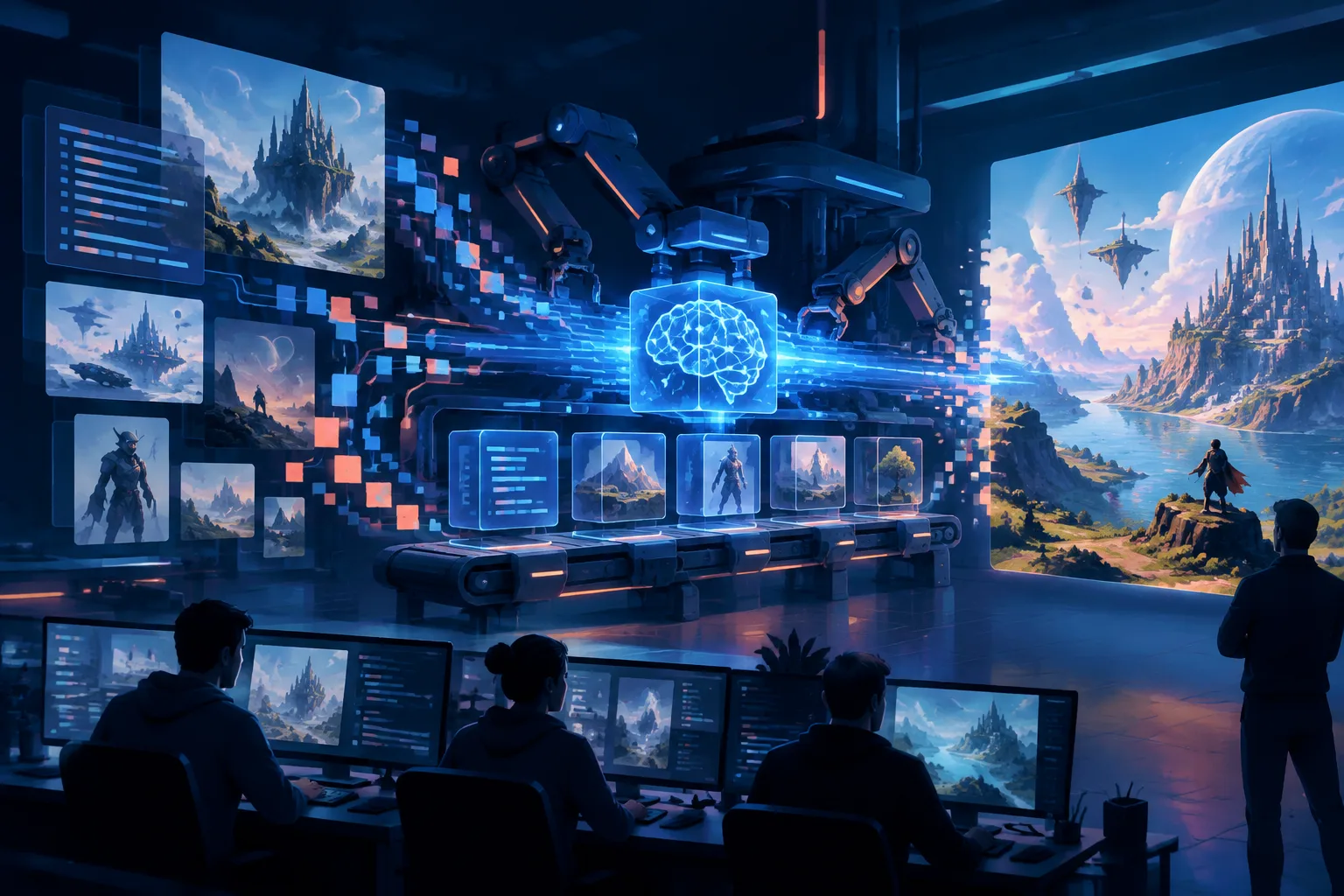 An AI production line turns code and artwork into a generic game world.