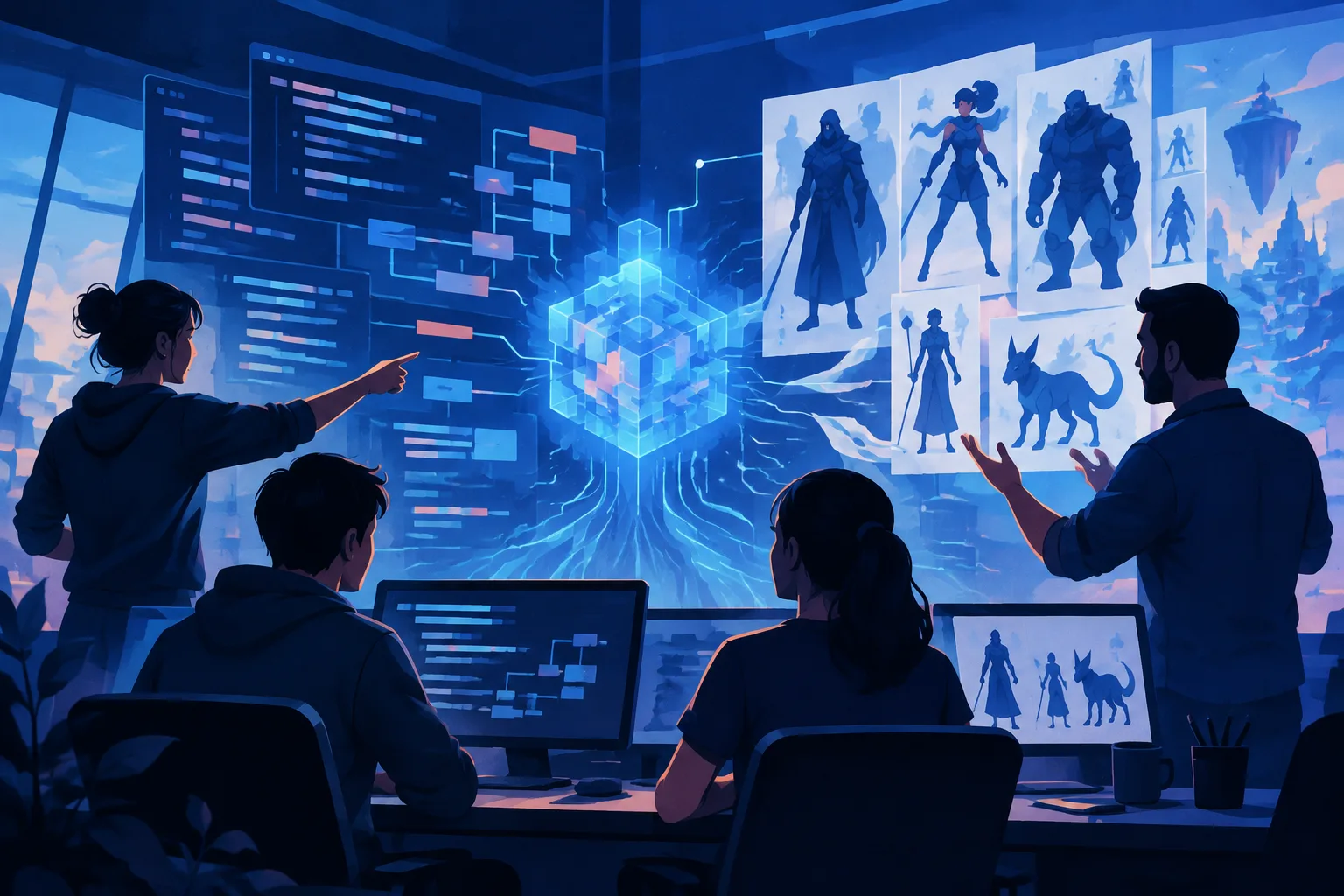 Developers guide an AI system creating code structures and original game art.