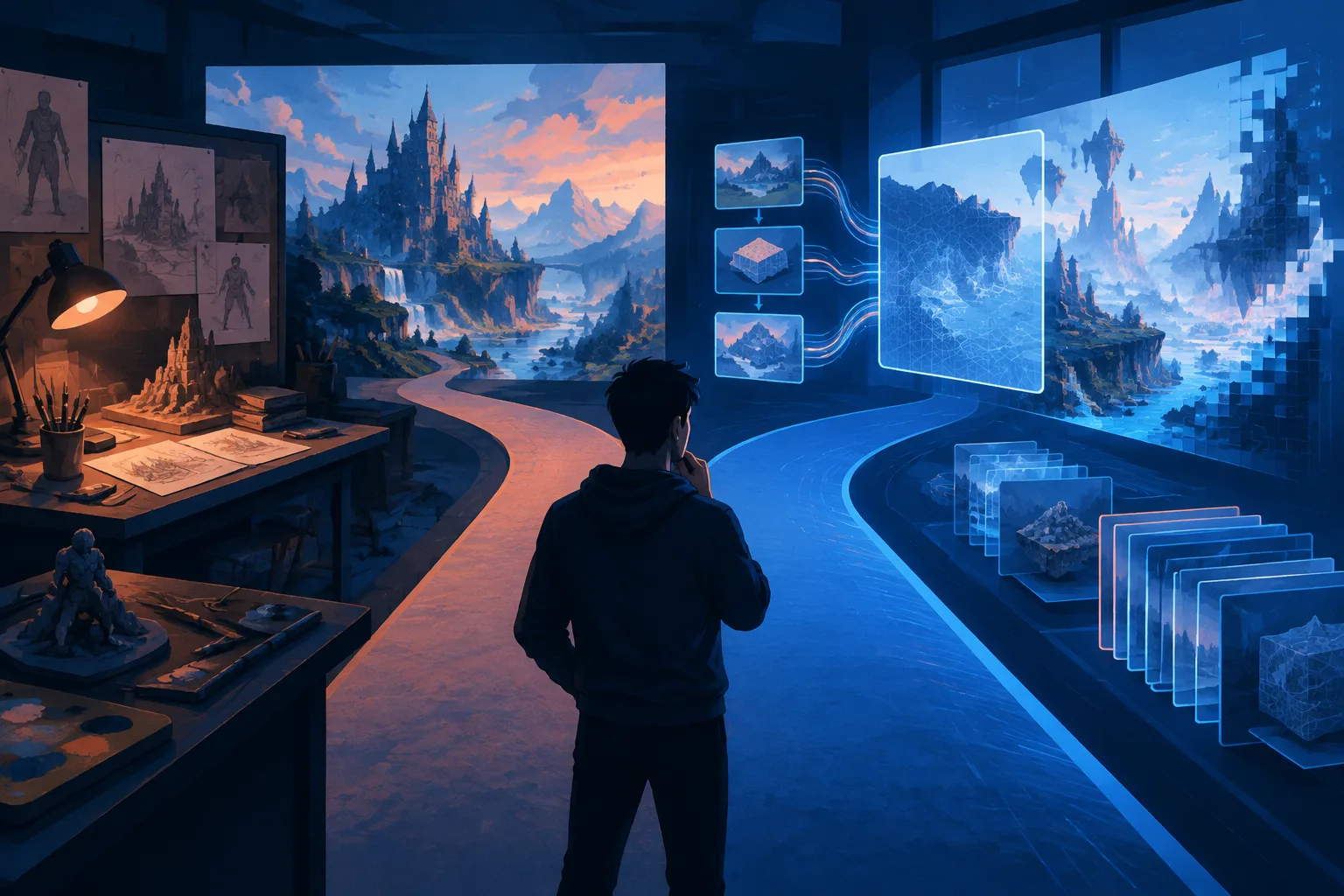 A game studio faces a choice between traditional tools and an AI-assisted pipeline.