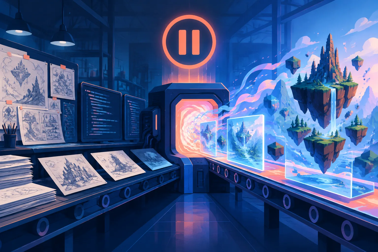 A game-production line shifts from handmade code and art toward an abstract generative AI engine.