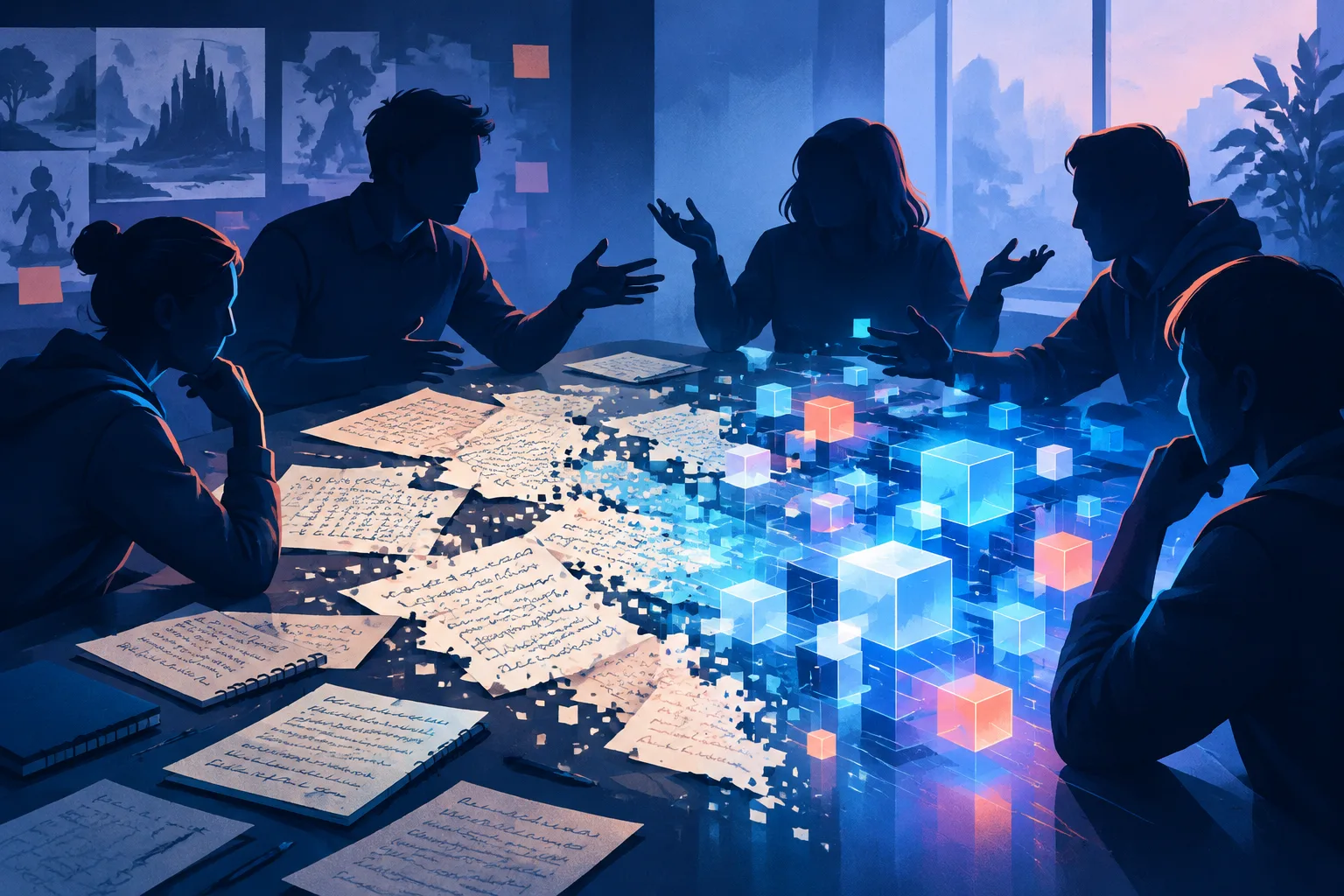 Anonymous developers watch handwritten code dissolve into machine-generated building blocks.