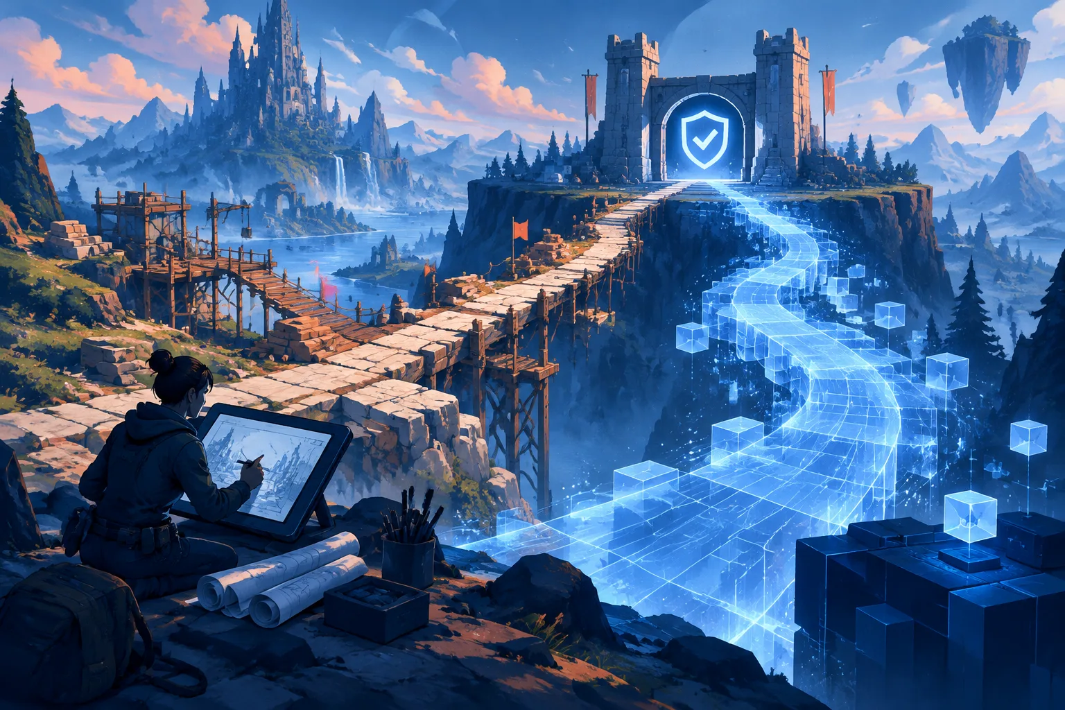 A fictional game world is built along parallel human-made and algorithmic paths toward a quality-control gate.