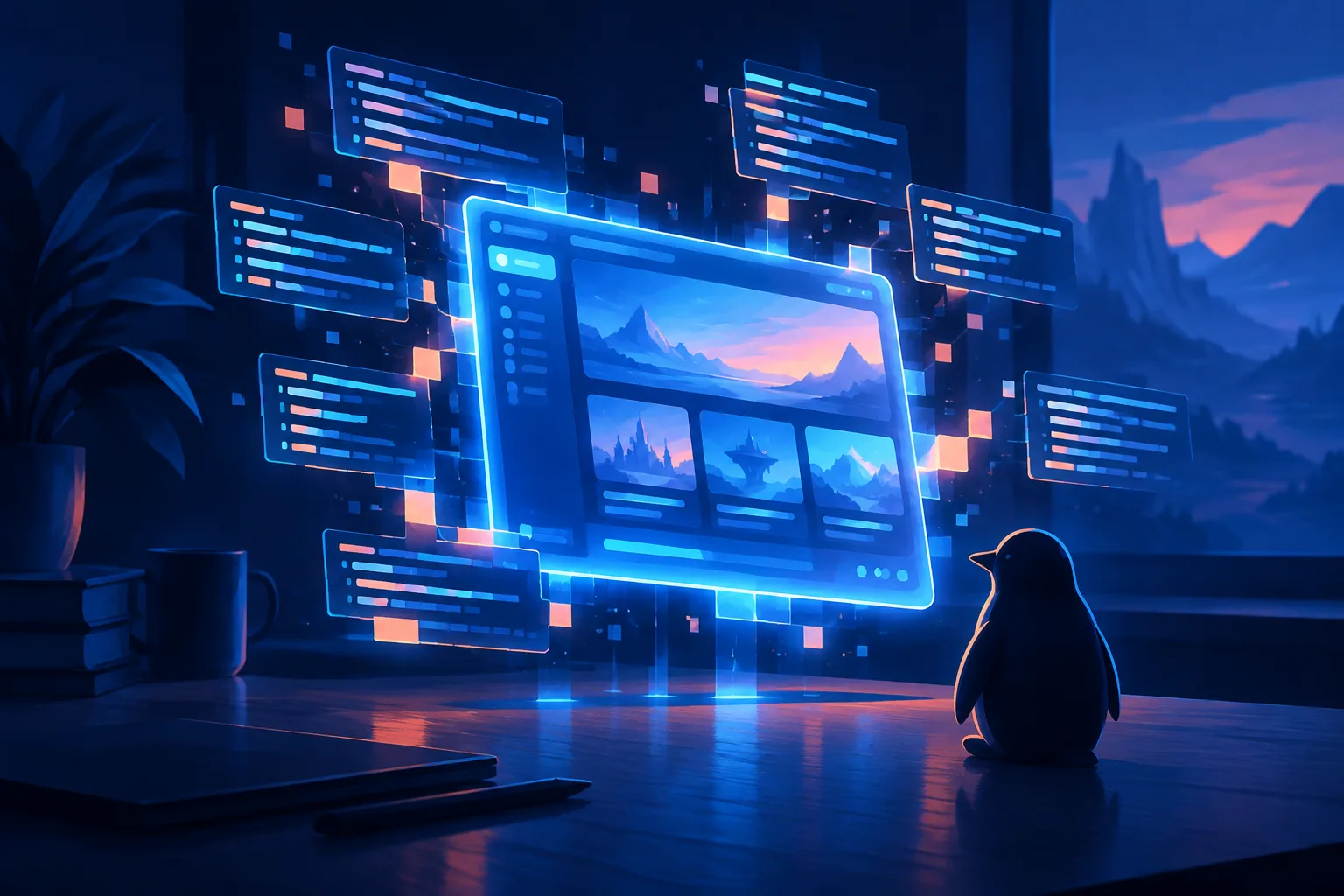 A stylized game launcher forms from glowing code fragments beside a small Linux-inspired silhouette.