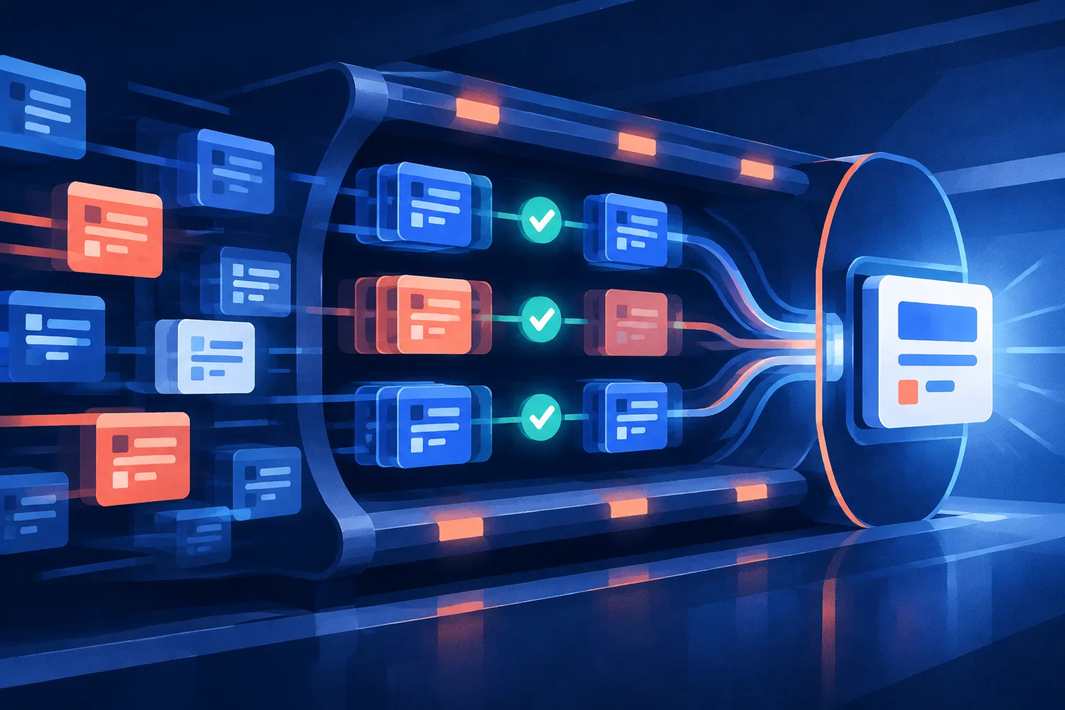 Abstract software modules pass through testing and replication stages toward a finished application.