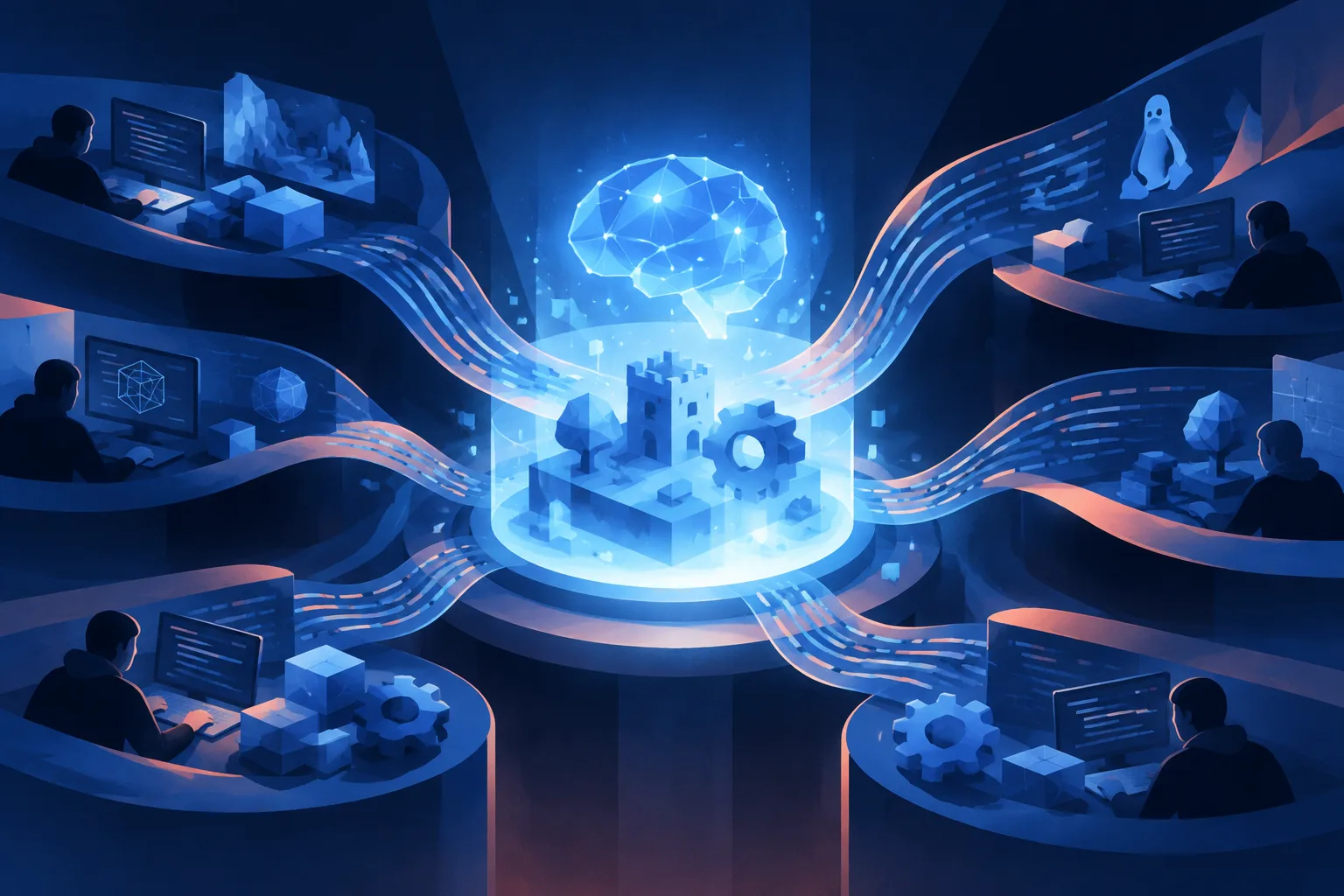 Multiple software workstreams converge on a central AI-assisted development workshop.