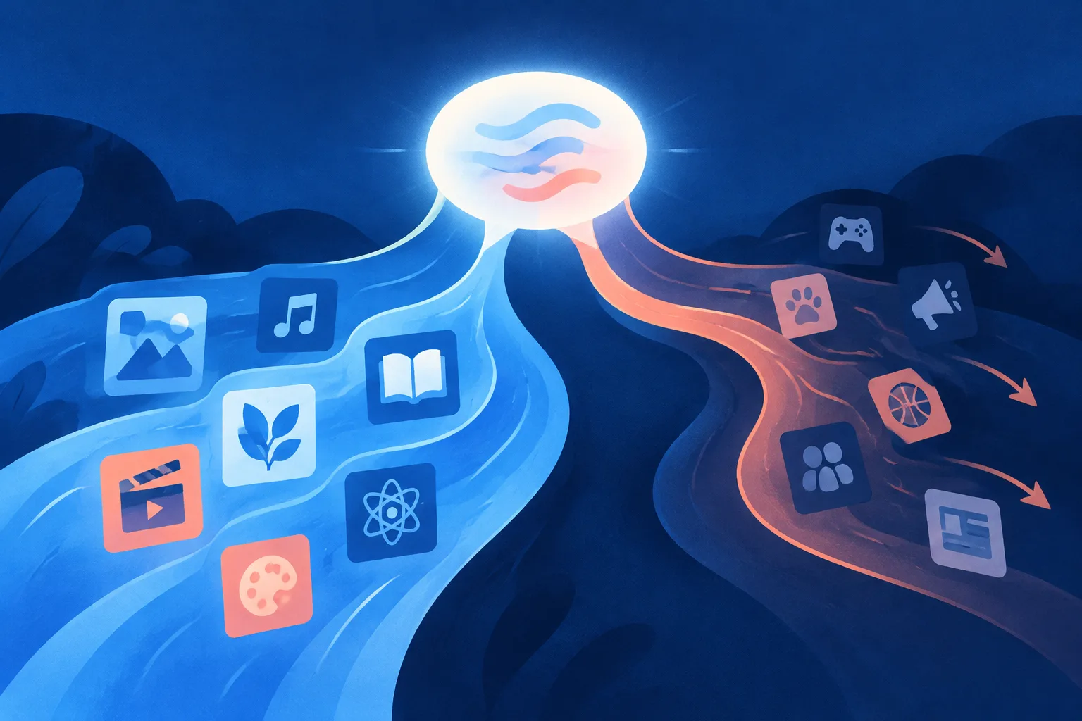 A glowing speech bubble directs preferred and unwanted topic symbols onto separate paths.