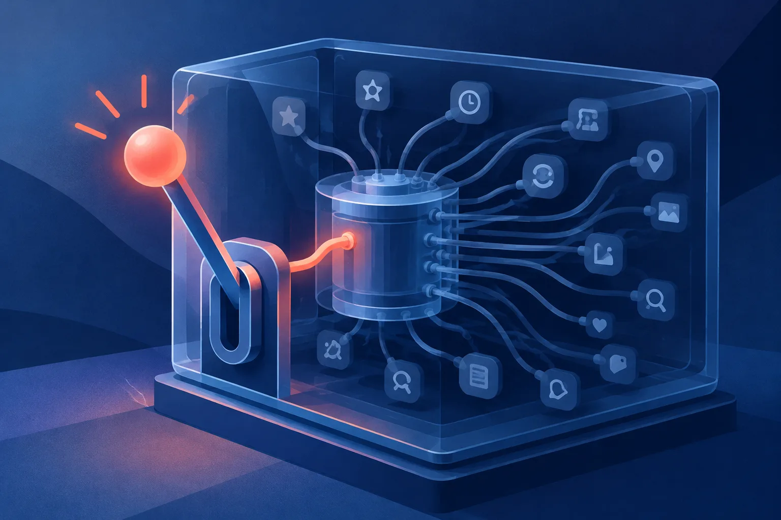 A bright user-control lever sits among many hidden inputs inside a recommendation machine.