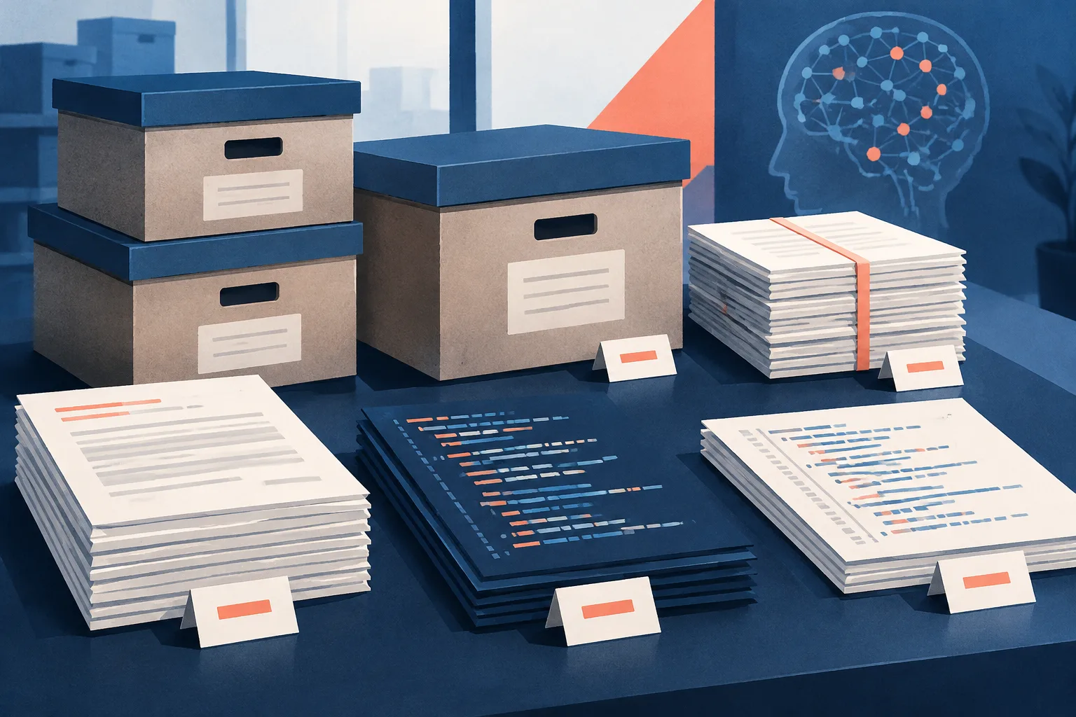 Startup archive boxes and code documents arranged for valuation.