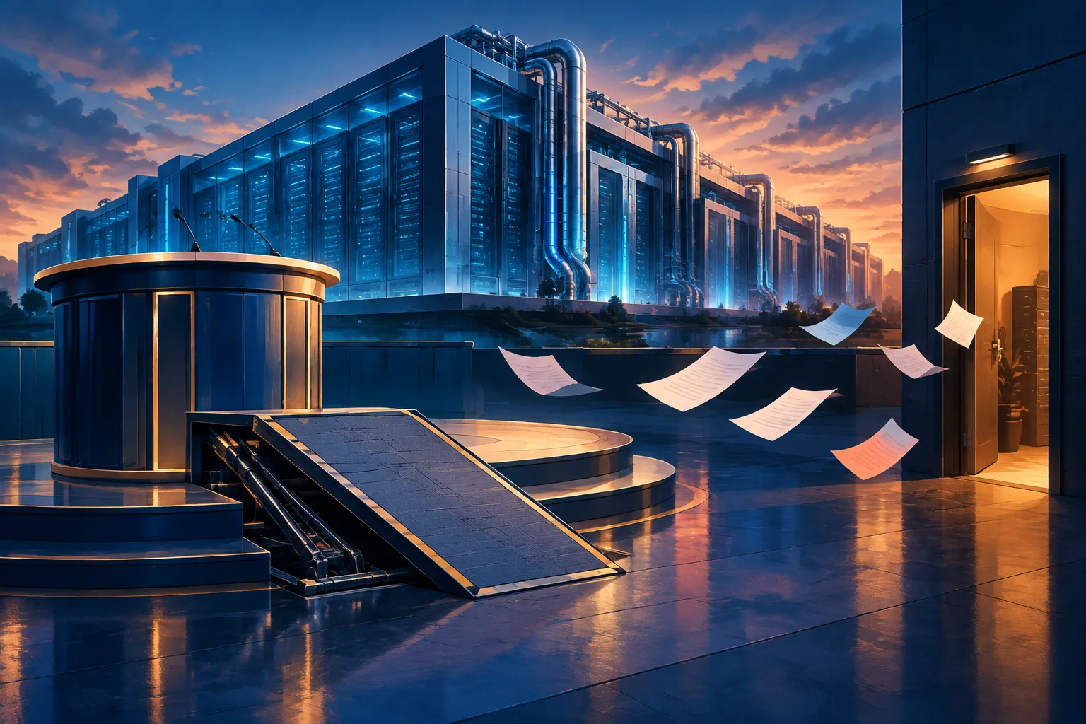 An AI data center stands behind a withdrawn stock-market launch ramp leading toward private financing.