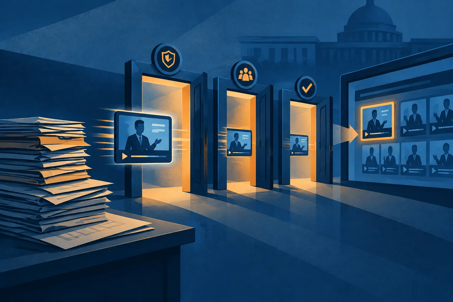 A video pitch moves through open gates beside a stack of traditional procurement paperwork.