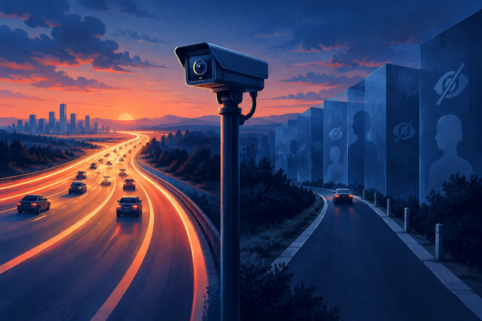 Editorial illustration of a roadside surveillance camera facing diverging paths of growth and public resistance.