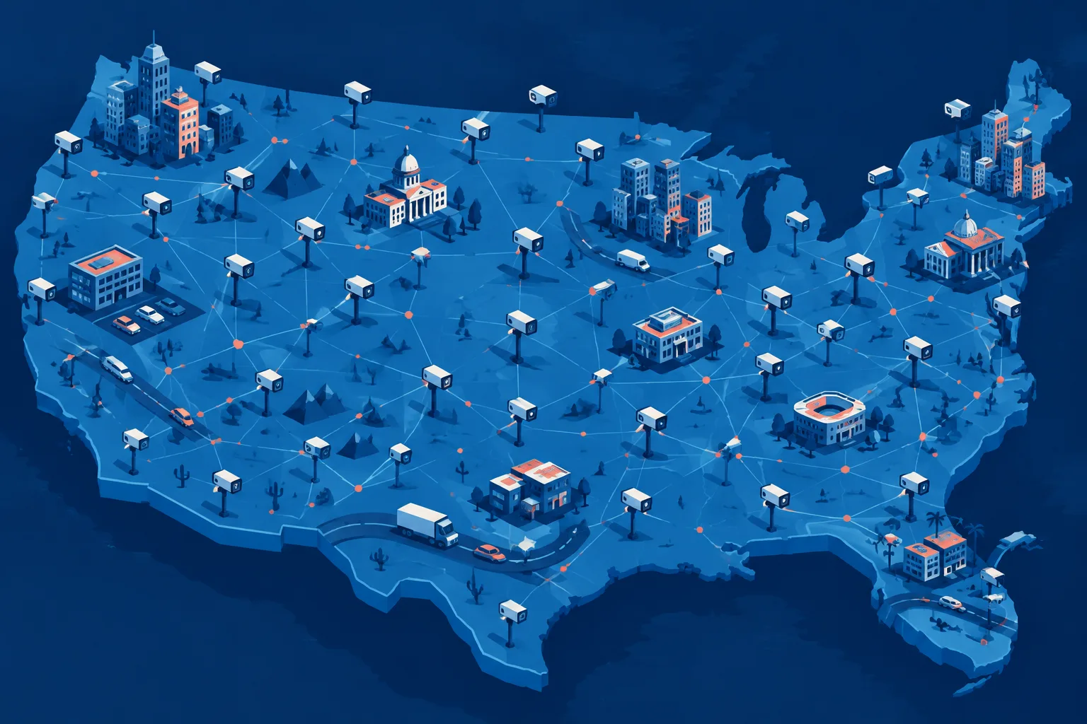 Abstract map of the United States linked by a dense network of roadside camera nodes.