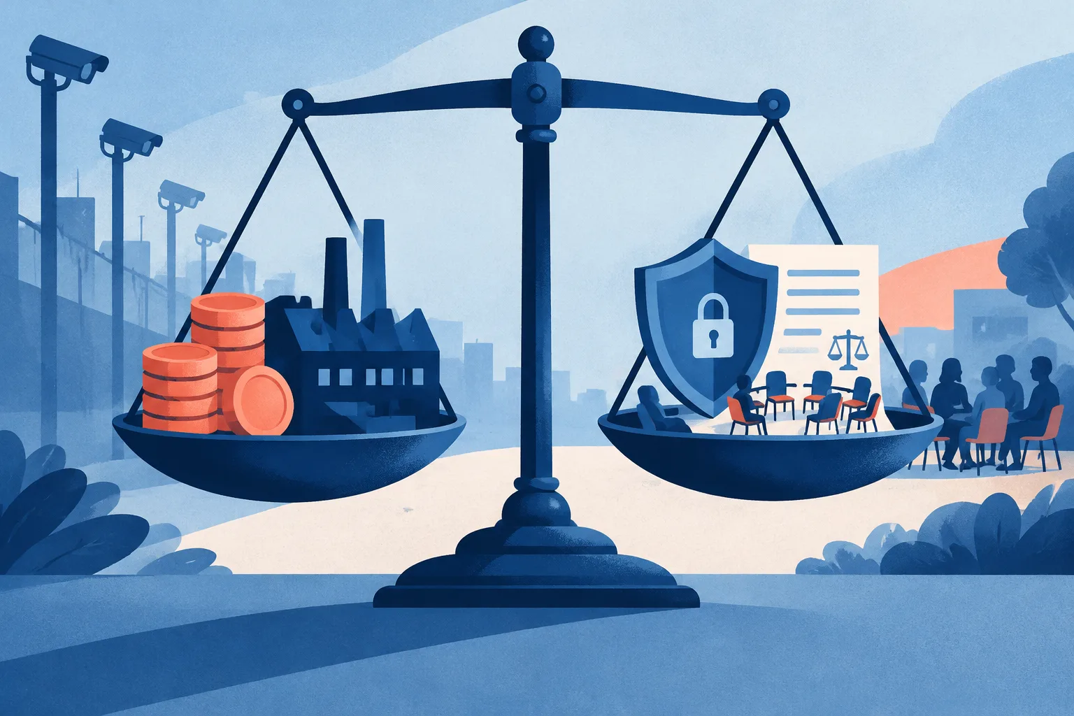 A symbolic scale balances investment and expansion against privacy, legal and community pressure.
