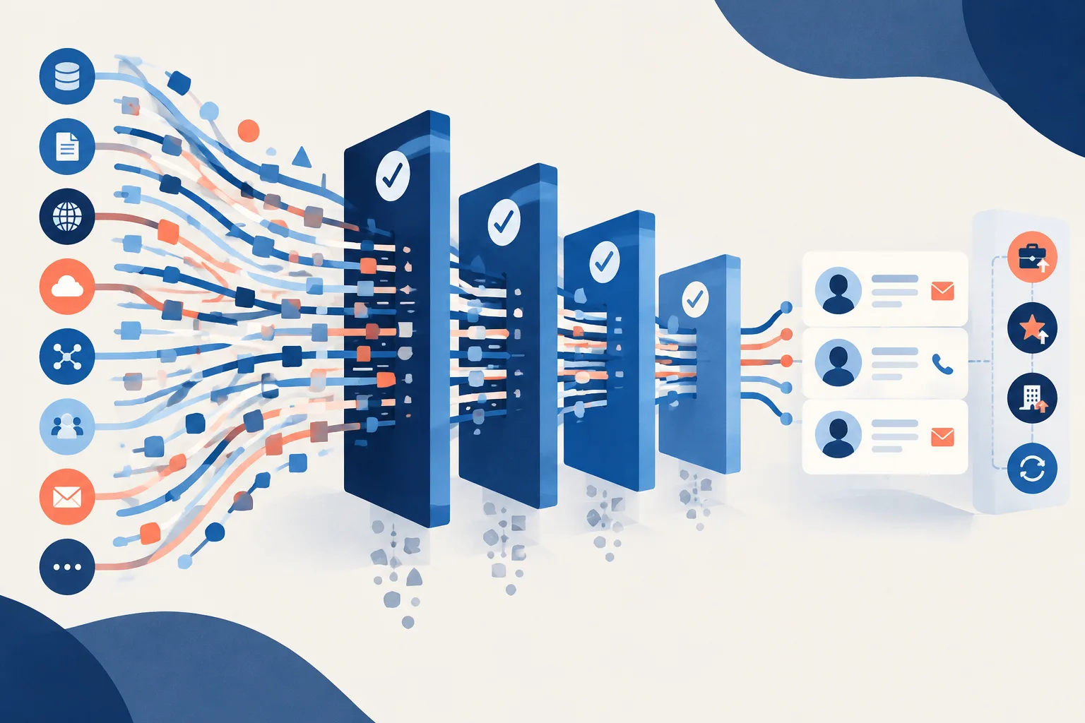 Multiple data streams pass through sequential verification steps to create clean contact records.