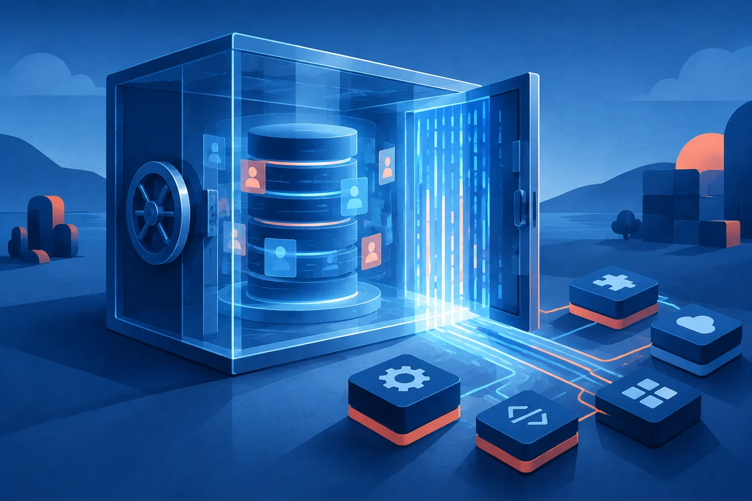 A protected customer database sits beside an open modular technology gateway.