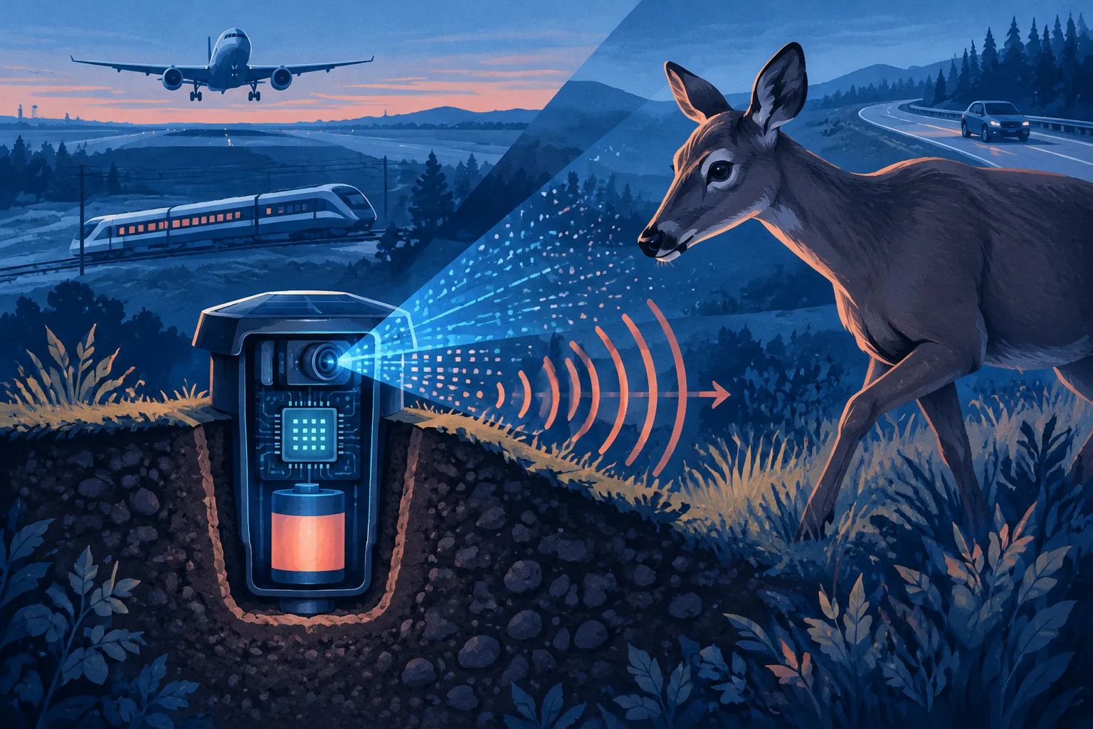 A compact edge device detects a deer and emits a directional deterrent sound.