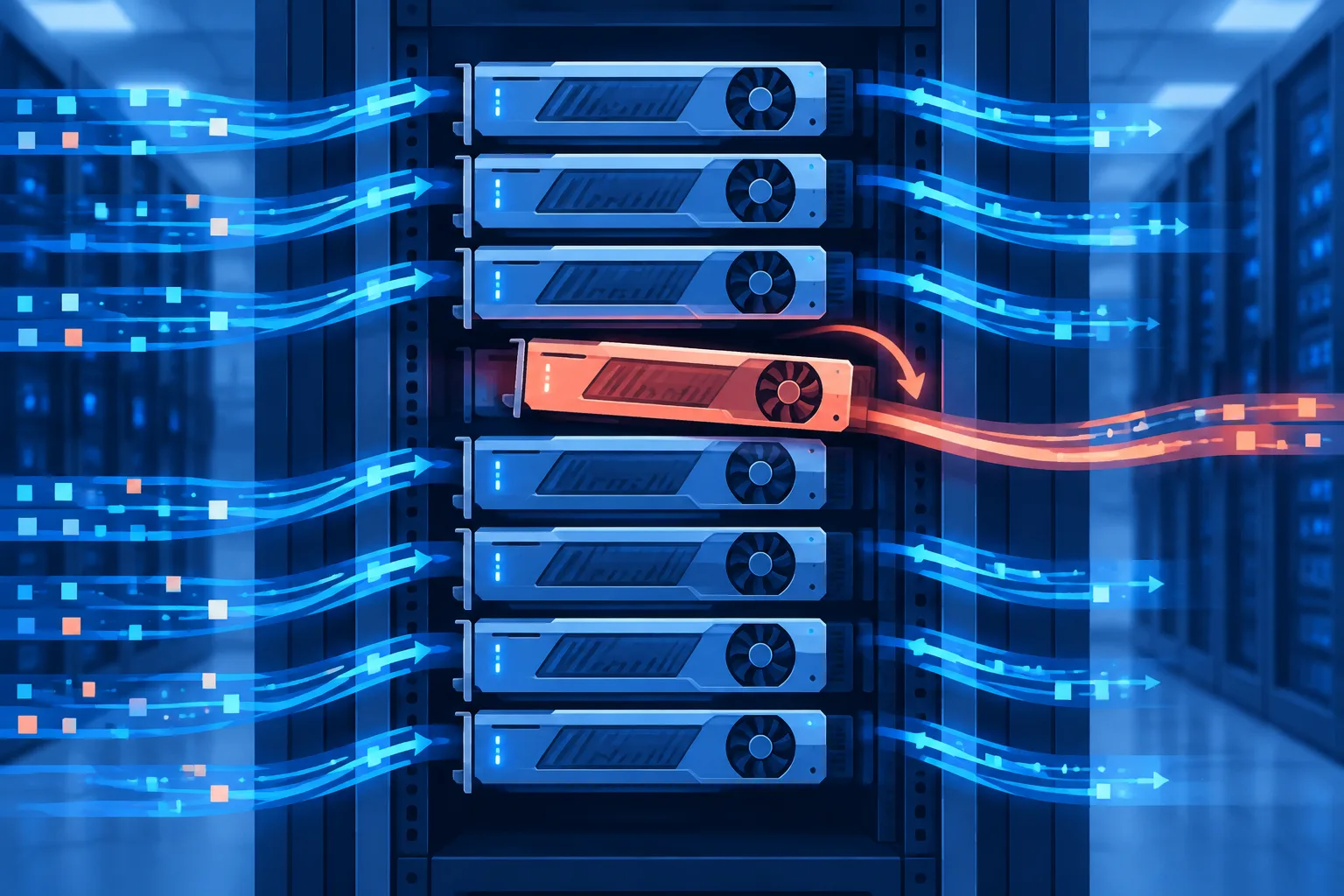 Eight accelerator modules continue serving while one switches roles inside the running system.