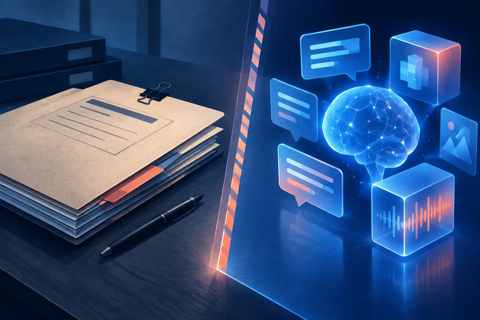 An investigation file and AI responses sit on opposite sides of an evidentiary boundary.