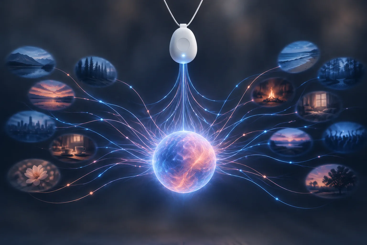 An AI pendant hangs above many memory threads merging into one glowing shared orb.
