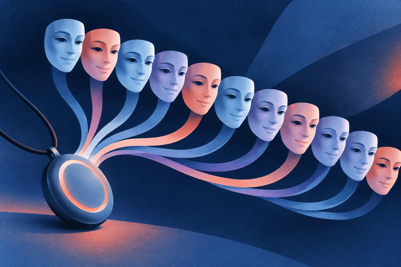 Nearly identical abstract companion masks emerge from a small AI pendant.