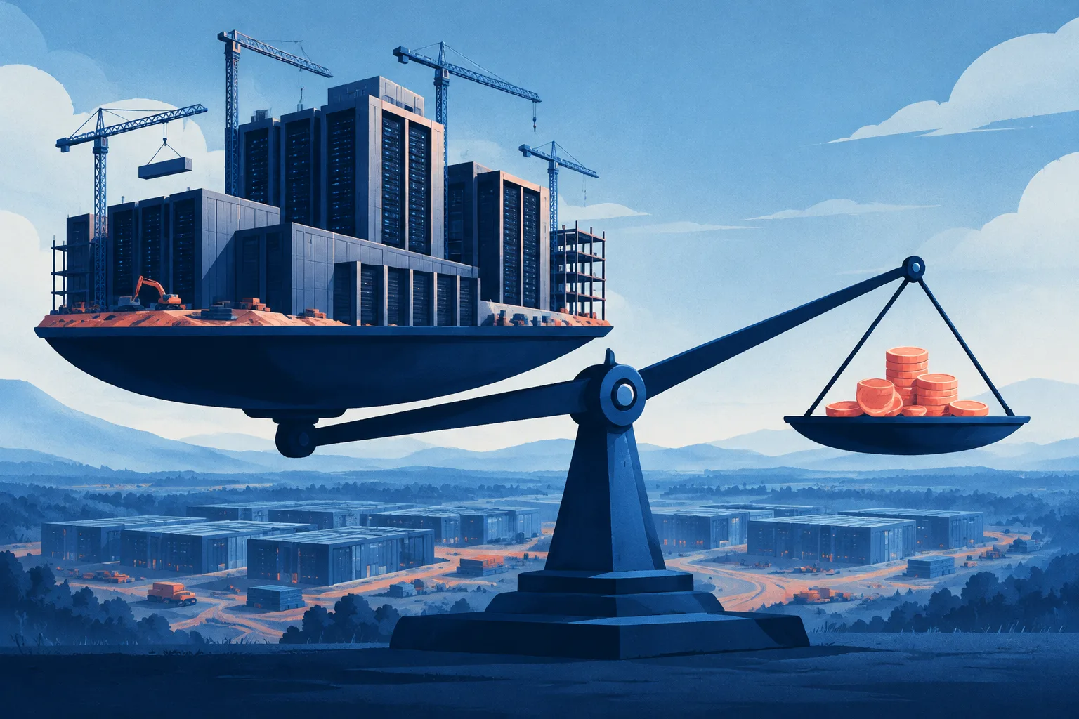 A vast AI data center tilts a financial scale against a smaller stream of revenue.