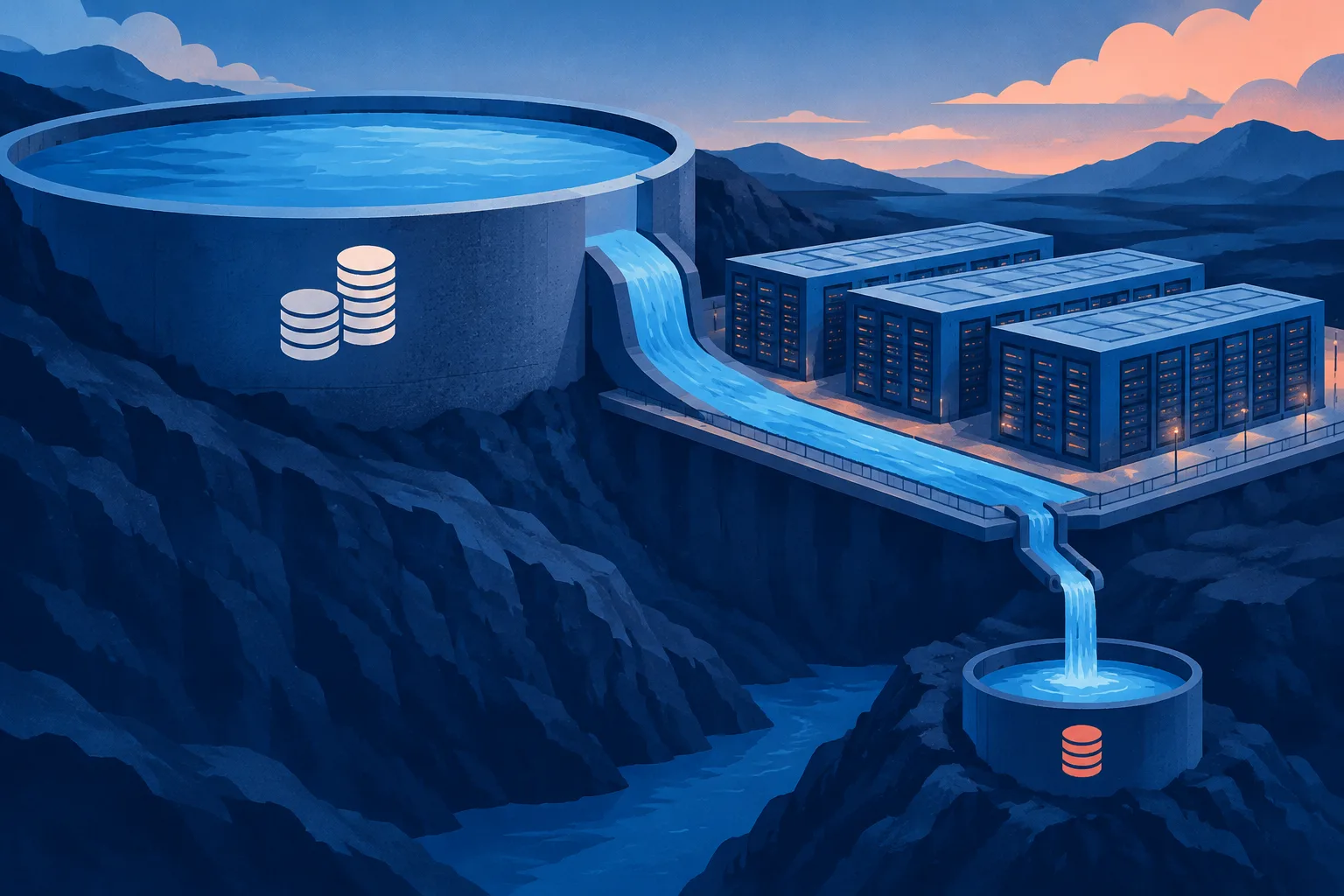 A large capital reservoir feeds server halls while a smaller revenue reservoir trails behind.