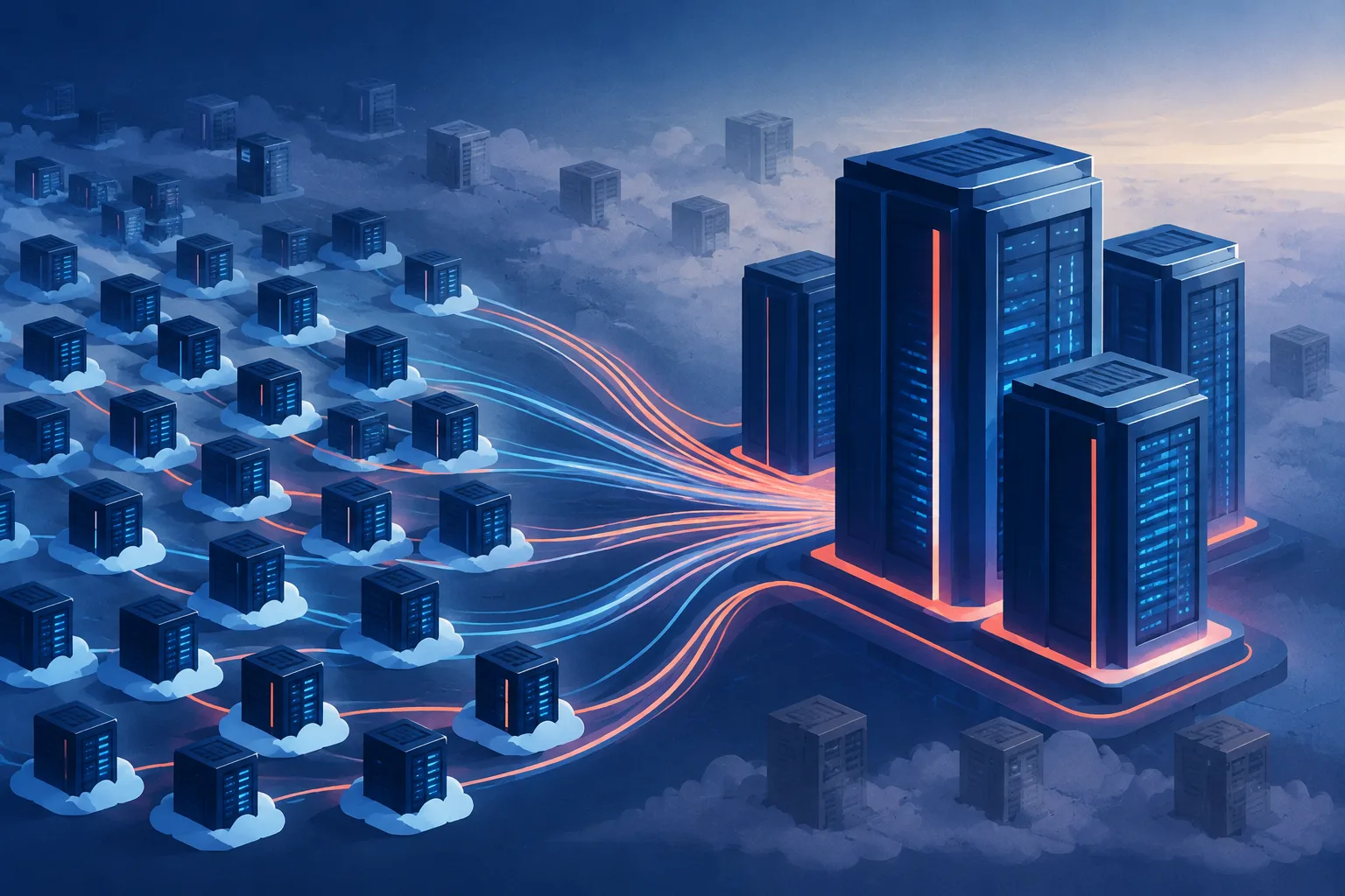 Small GPU cloud towers consolidate into larger structures while older hardware fades.