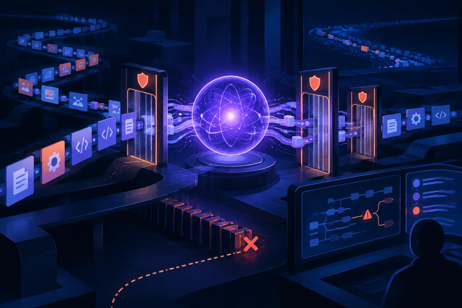 Purple AI reasoning core guiding complex tasks through guarded checkpoints.