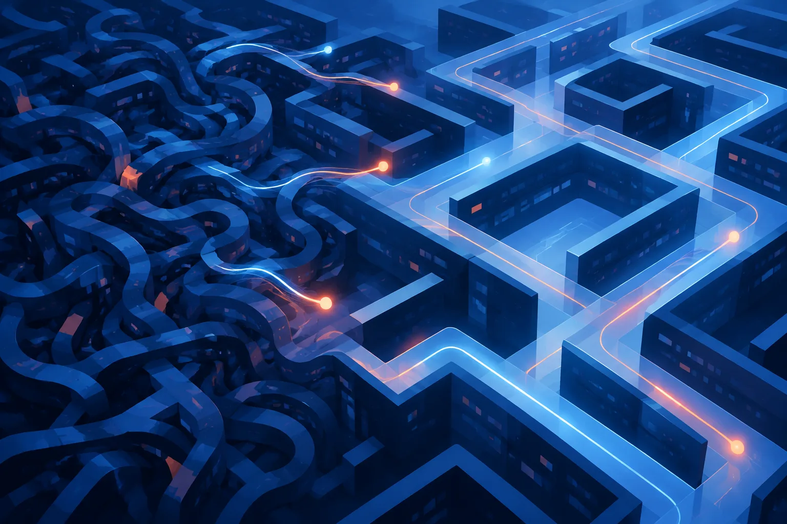 Abstract code labyrinth reorganized into cleaner modular paths.