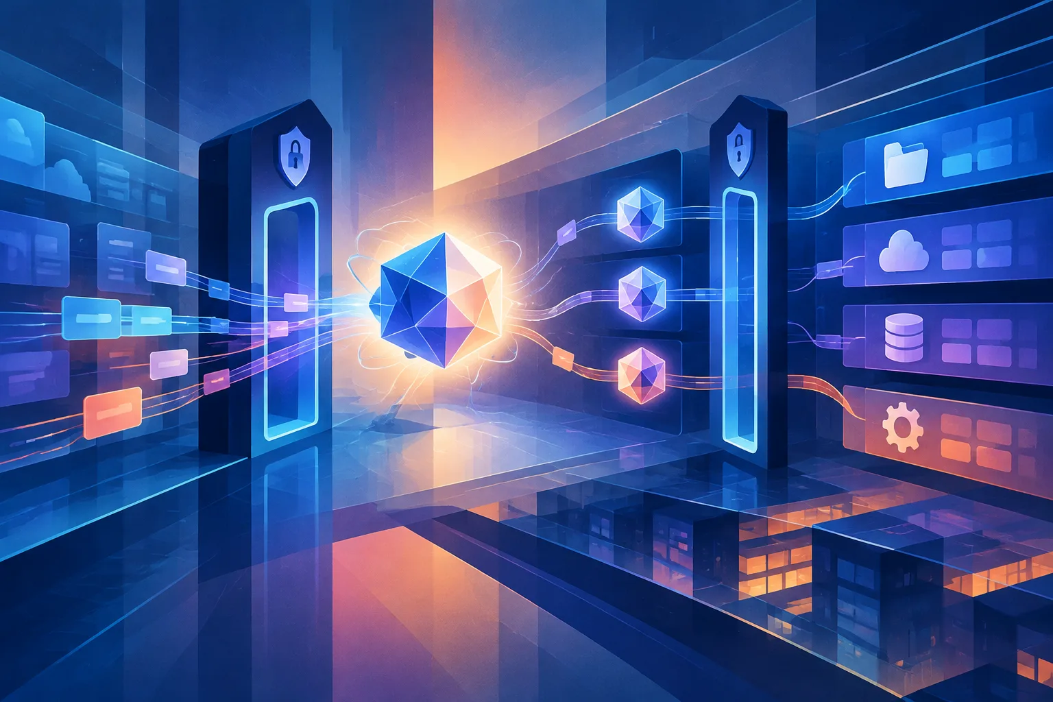 Abstract AI worker moves task threads through secure layers of a digital workplace.