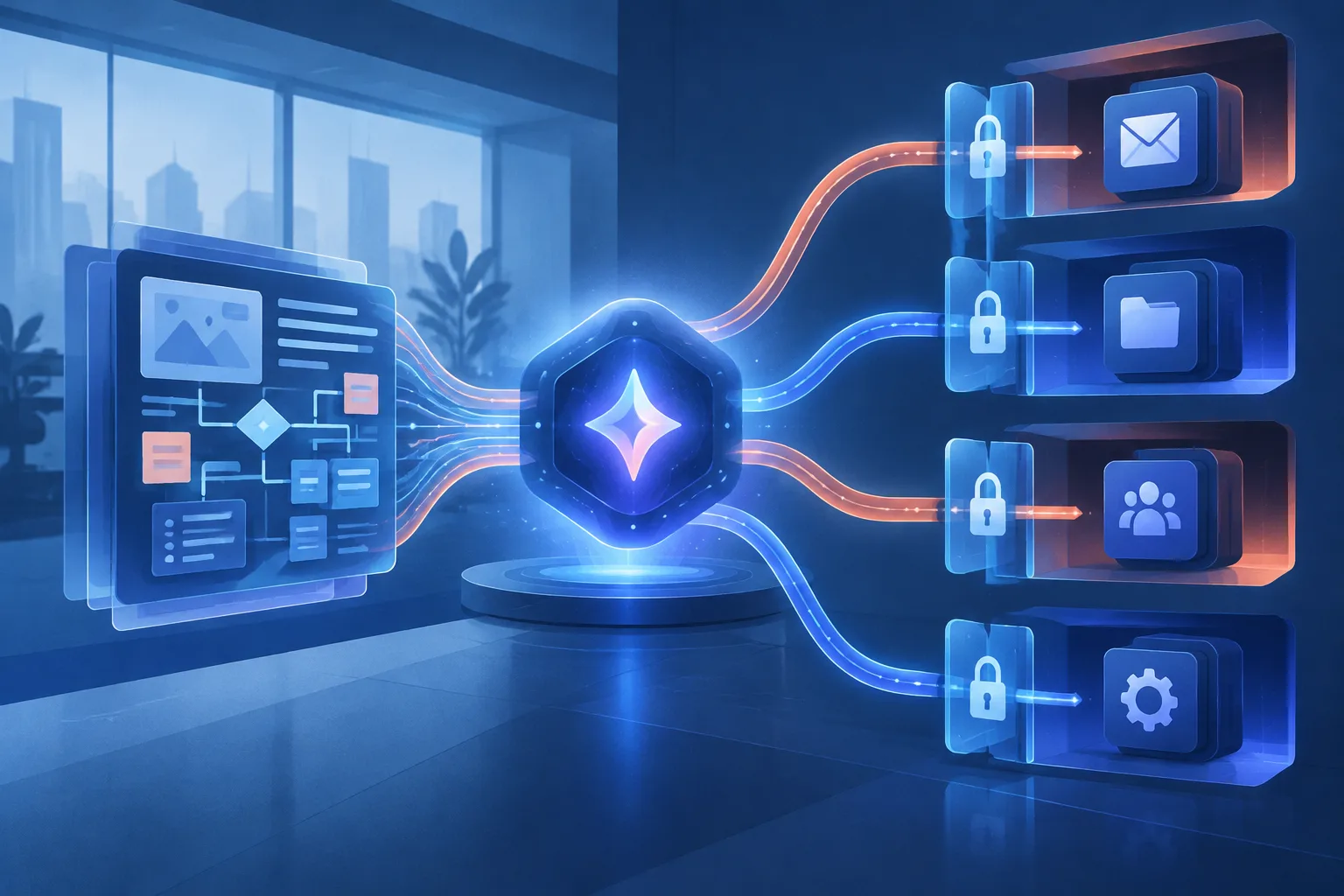 An AI core delegates parts of a complex assignment across protected business modules.
