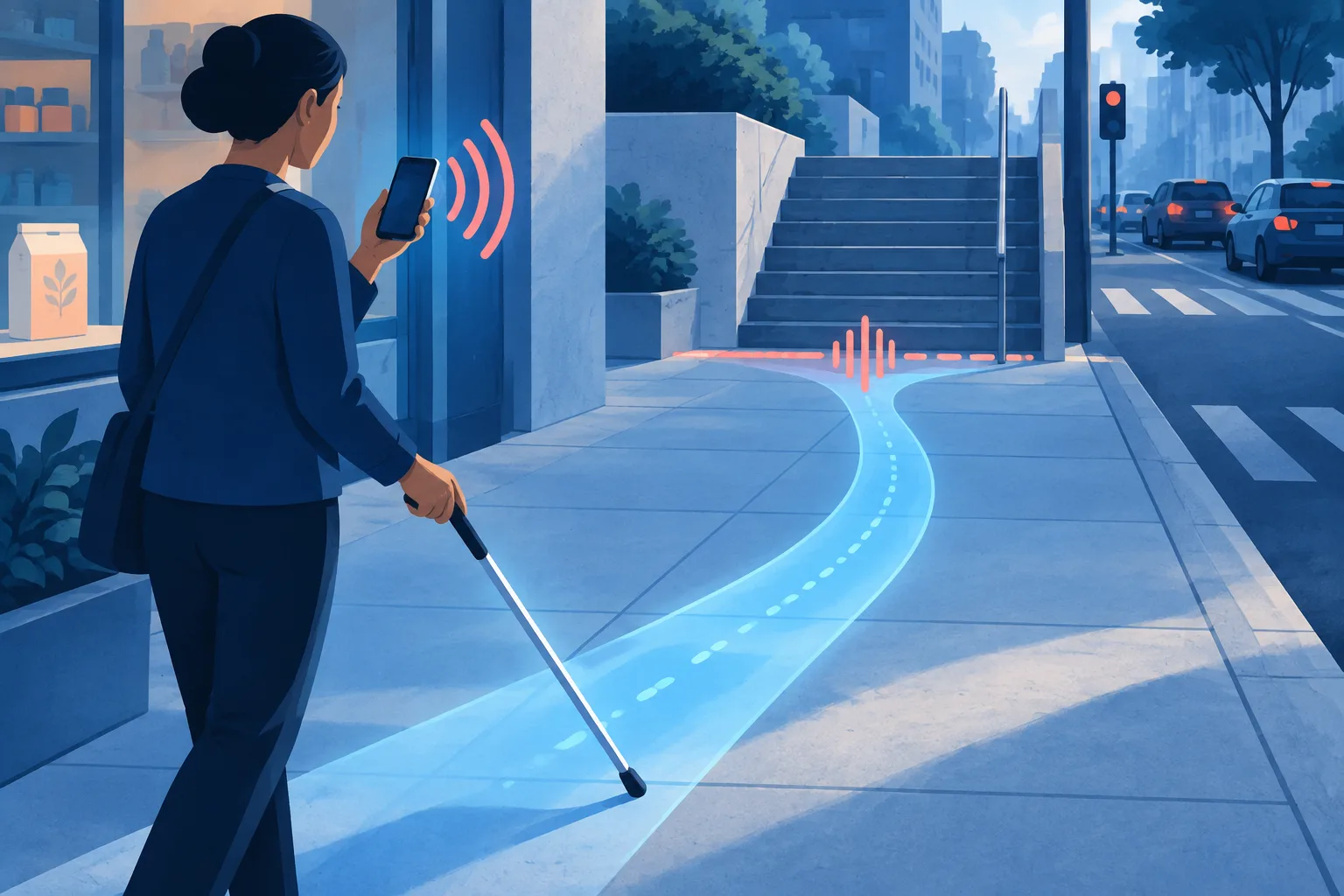 Illustration showing AI visual assistance stopping short of safety-critical navigation.