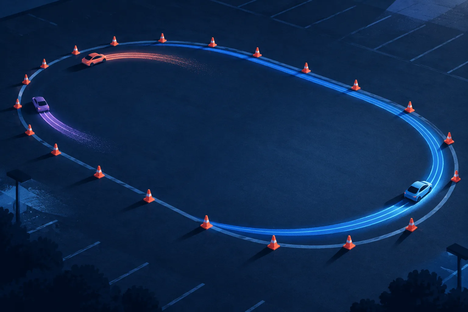 Three abstract motion trails reach different points on a closed driving loop.