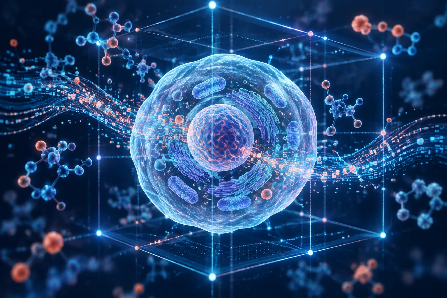 A translucent biological cell surrounded by a glowing computational lattice.